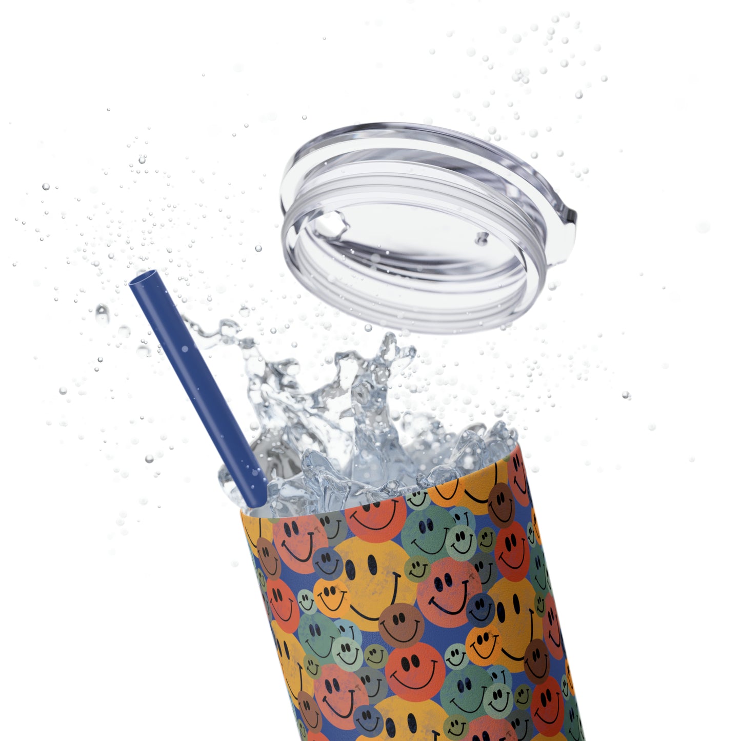 Old School Smiley Face Stickers Patterned Skinny Tumbler with Straw, 20oz