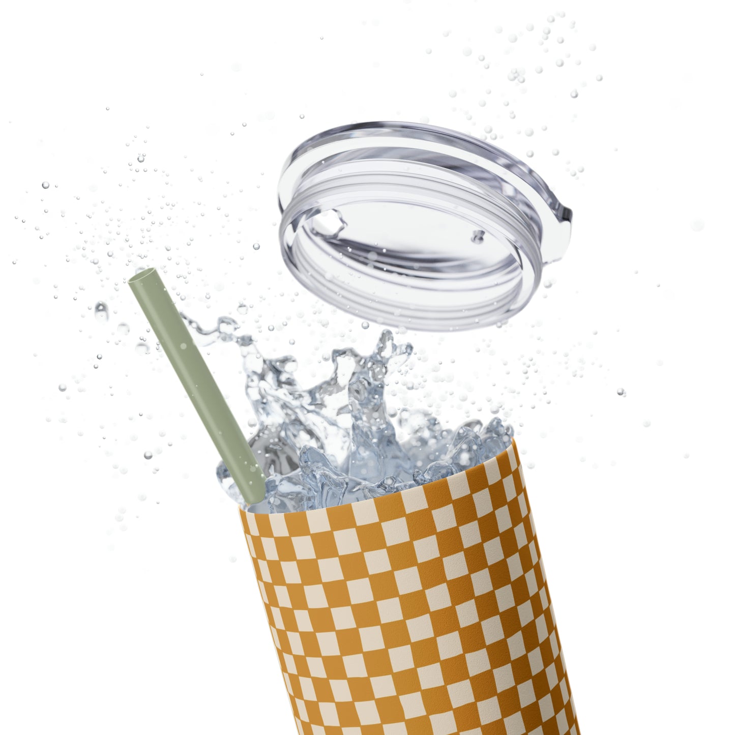 Boho Golden Checkerboard Print Skinny Tumbler with Straw, 20oz