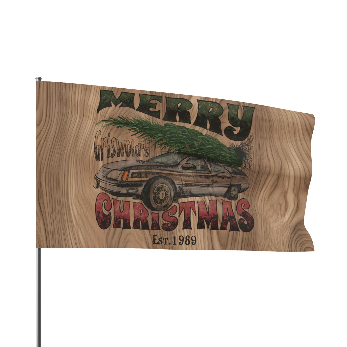 Distressed Merry Griswold's Christmas Tree Station Wagon Holiday Wooden Print Flag