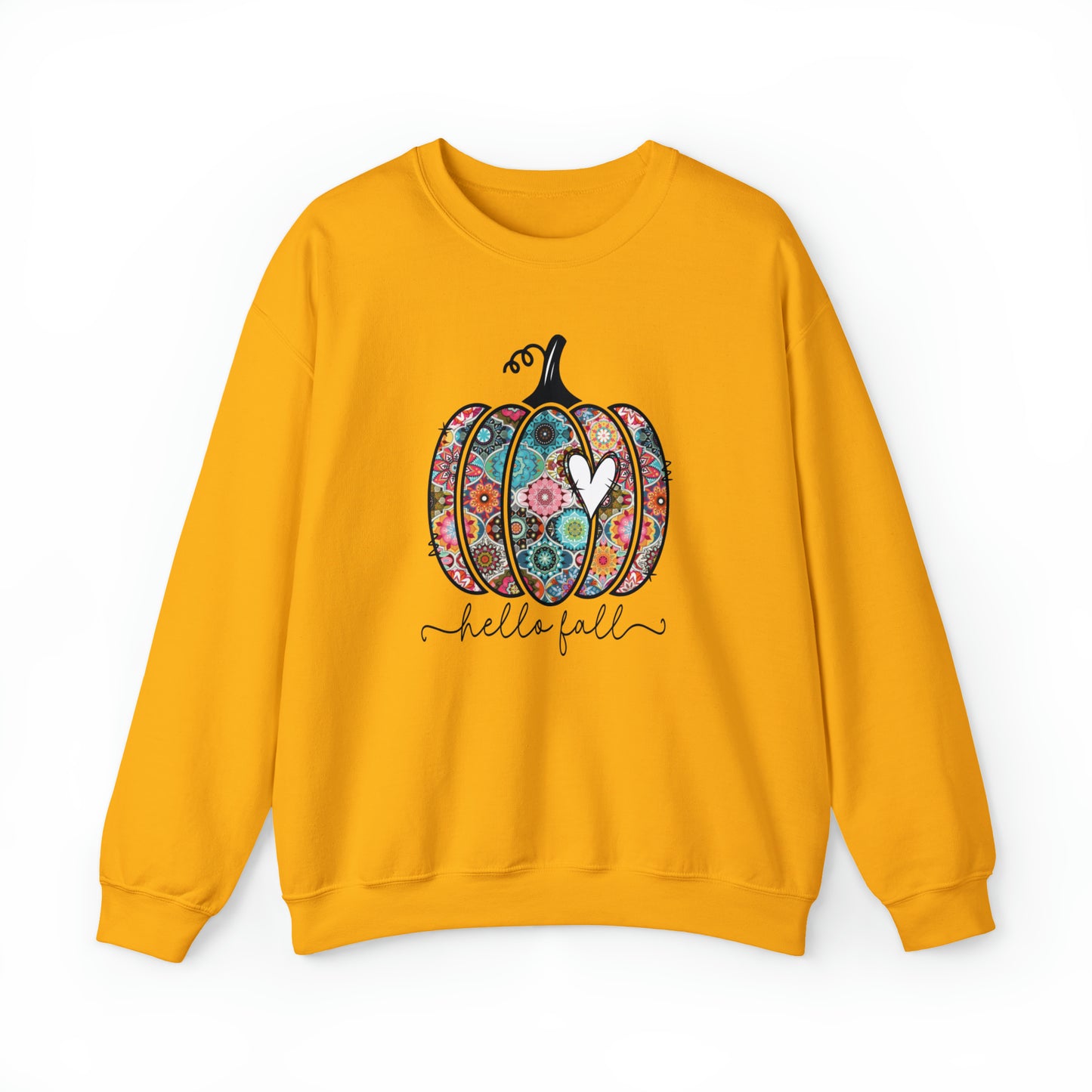 Hello Fall Print Pumpkin Fall Halloween Retro Warm Colored Unisex Heavy Blend™ Crewneck Sweatshirt