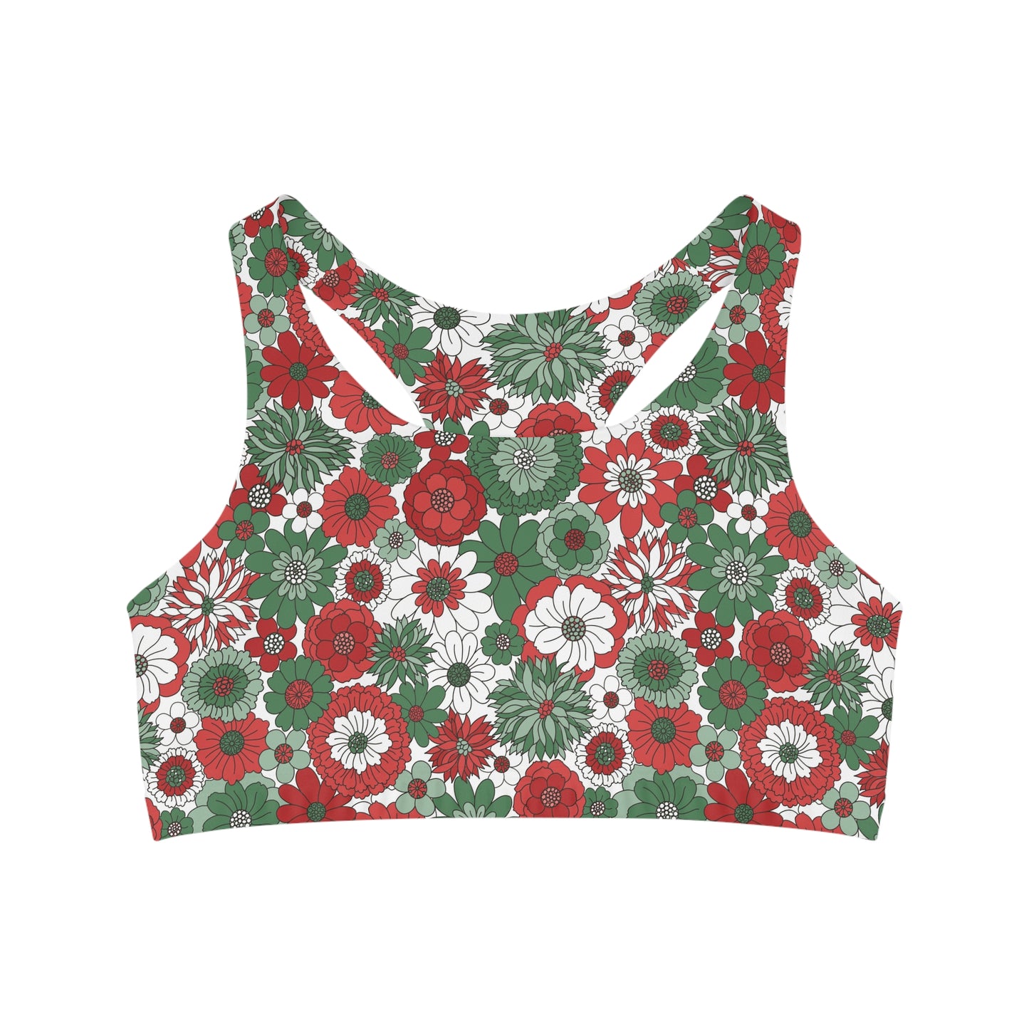 Retro Christmas Green Red White Floral Yoga Seamless Sports Bra - Light Turquoise