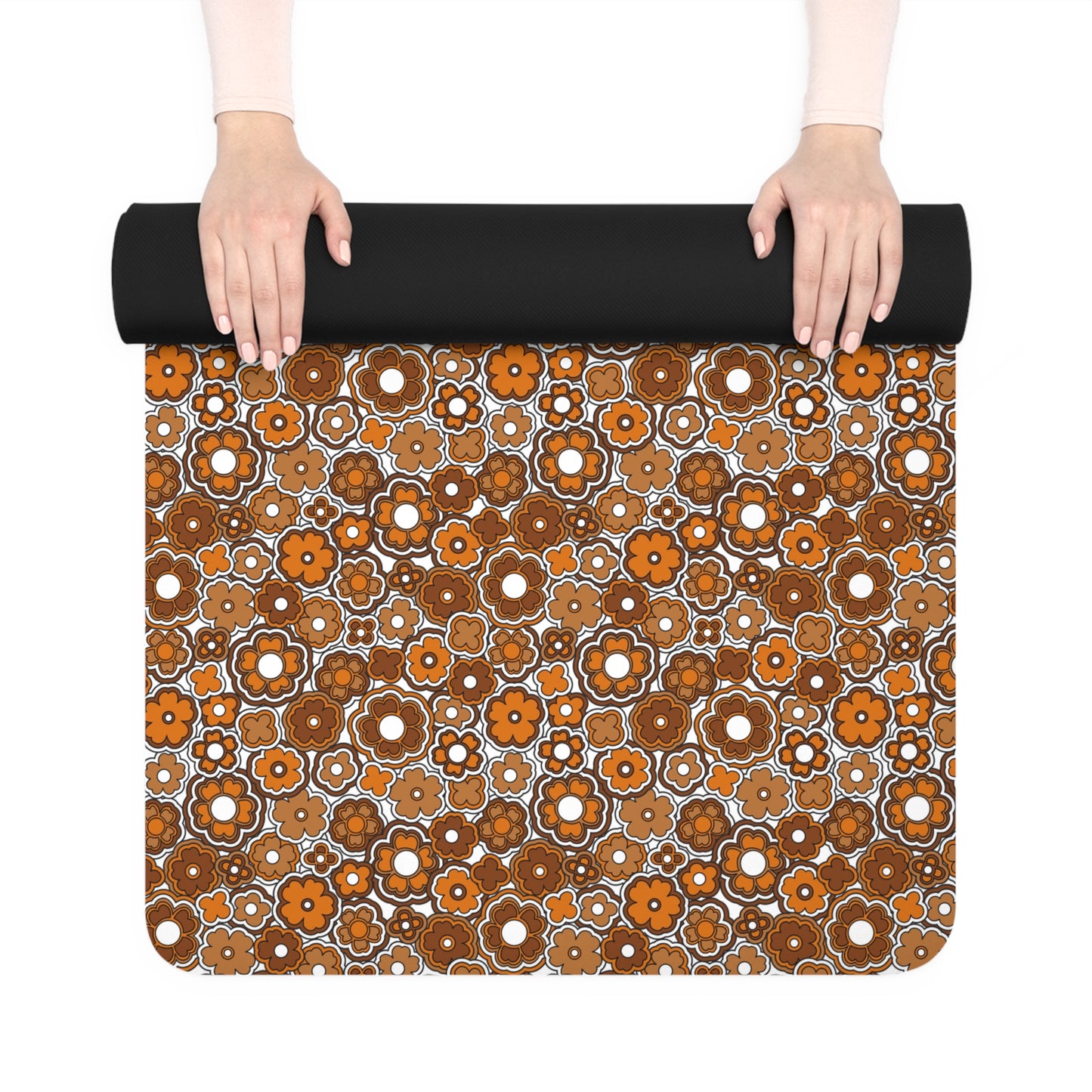 Flower Power Retro Brown Pattern Rubber Yoga Mat