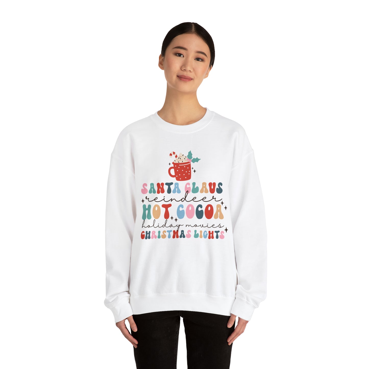 Santa Claus Reindeer Hot Cocoa Christmas Lights Heavyweight Crewneck Sweatshirt