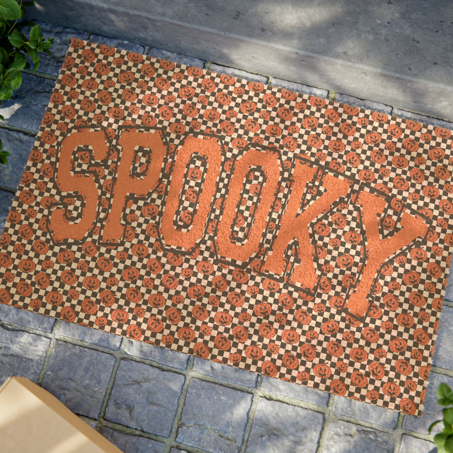 Vintage Pumpkin Checkerboard SPOOKY Coir Mat