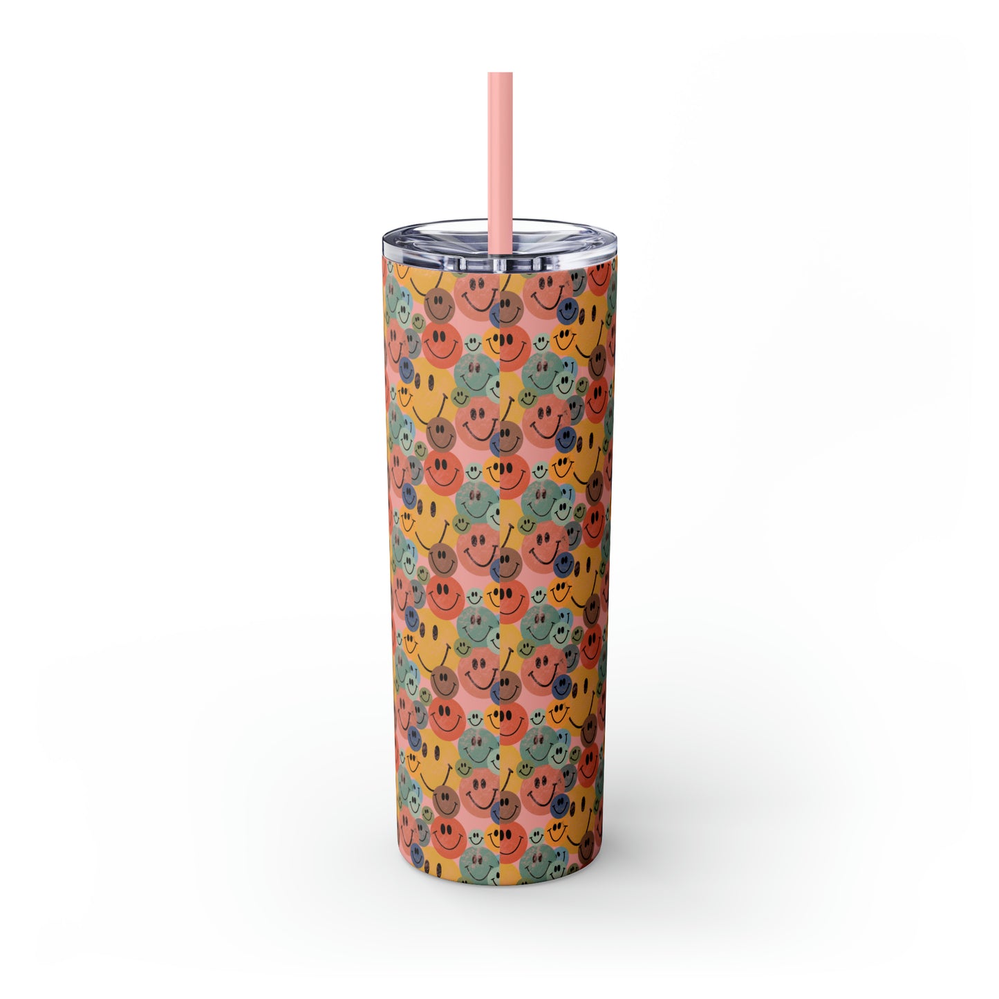 Old School Smiley Face Stickers Patterned Skinny Tumbler with Straw, 20oz