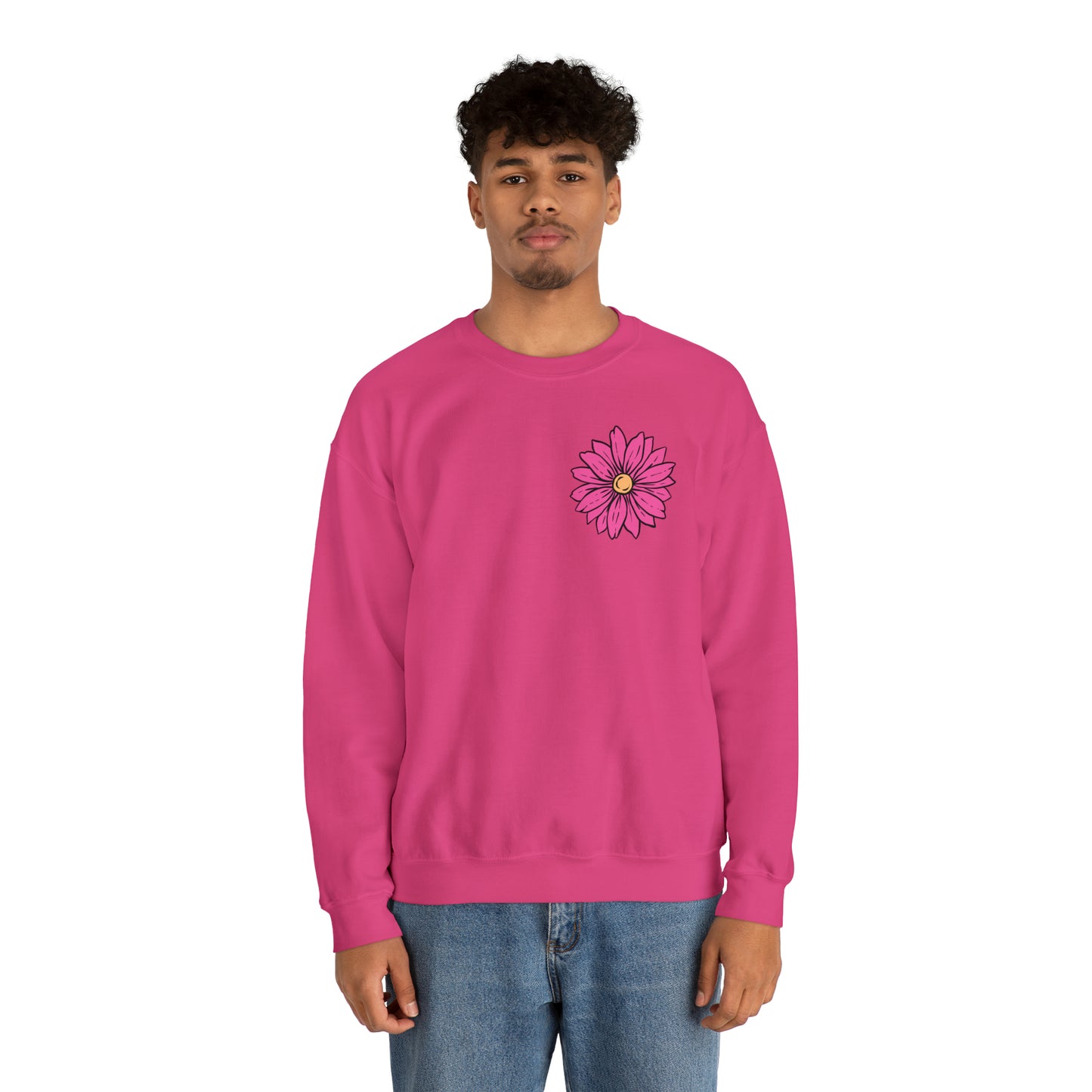 FRONT AND BACK DESIGN Positive Energy (Flower on Front and Message on Back) Font Heavy Blend™ Crewneck Sweatshirt