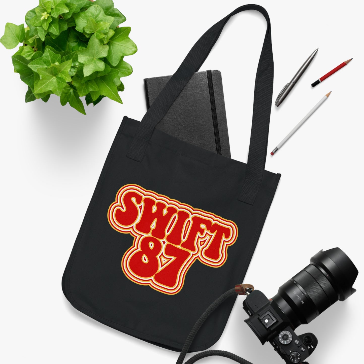 Kelce Swift 87 Black Canvas Tote Bag - Front and Back Design
