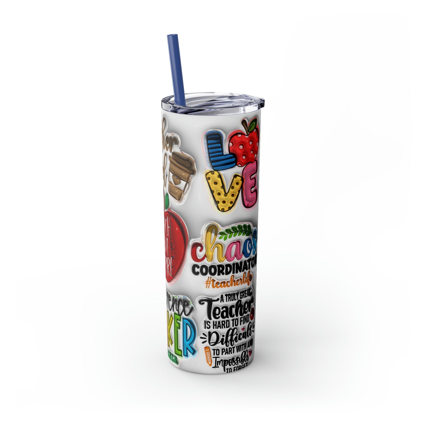 A+ Teacher Quotes Collage Skinny Tumbler with Straw, 20oz