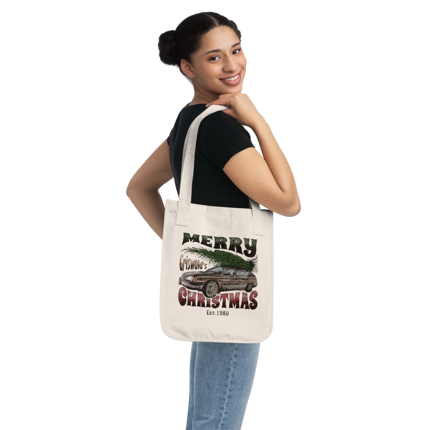 Distressed Merry Griswold's Christmas Tree Station Wagon Holiday Canvas Tote Bag
