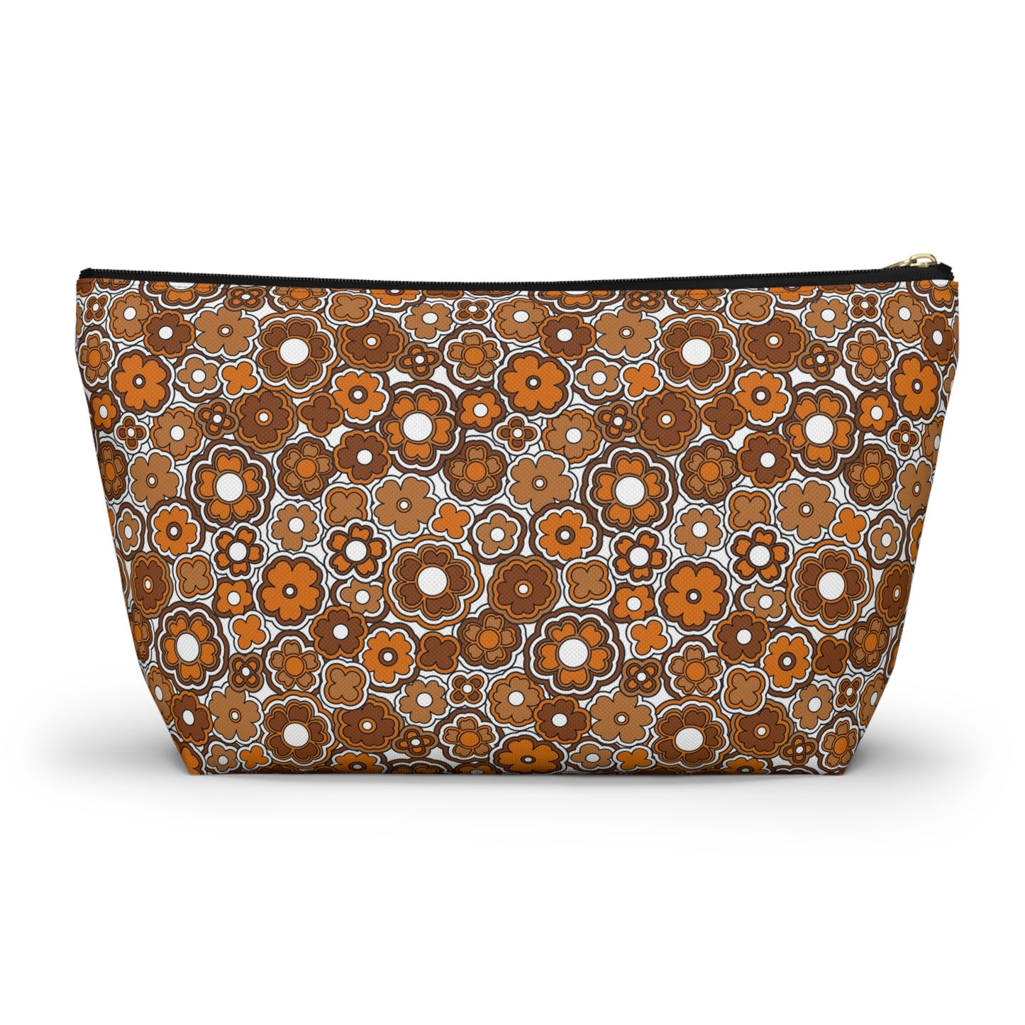 Flower Power Retro Brown Floral Print Design  Accessory Pouch w T-bottom