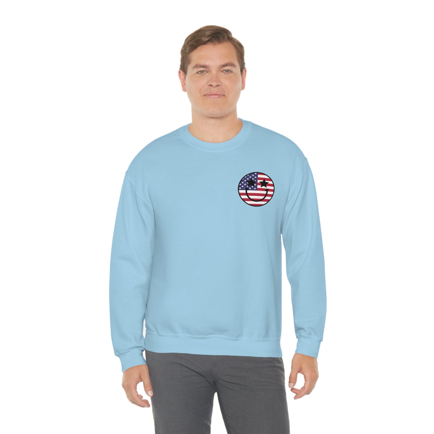 "Land of the Free Because of the Brave with Smiley Face Front" (Front & Back Design) - Unisex Heavy Blend™ Crewneck Sweatshirt