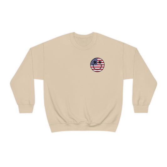 "Land of the Free Because of the Brave with Smiley Face Front" (Front & Back Design) - Unisex Heavy Blend™ Crewneck Sweatshirt