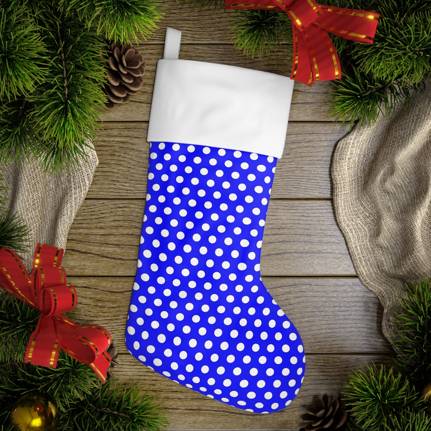 Blue and White Polka Dot Holiday Stocking