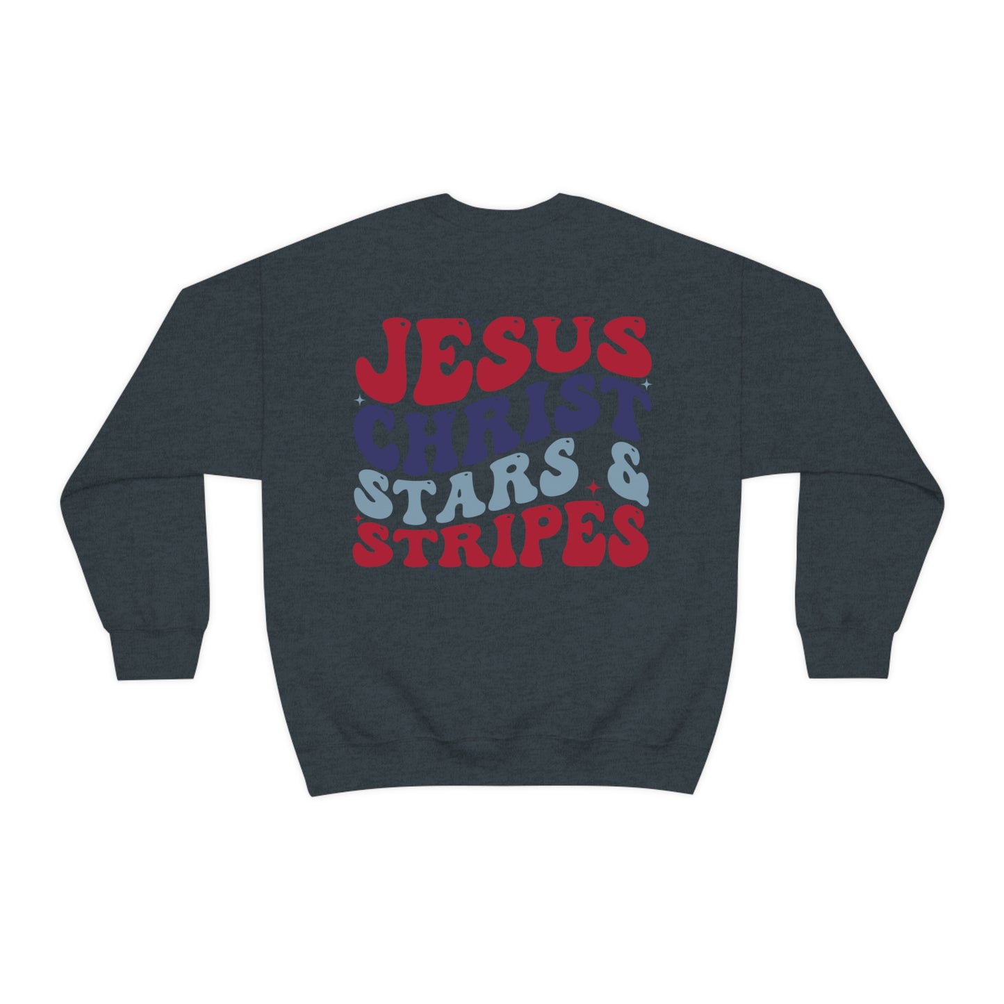 "Jesus Christ and Stars and Stripes" (Front & Back Design) - Unisex Heavy Blend™ Crewneck Sweatshirt
