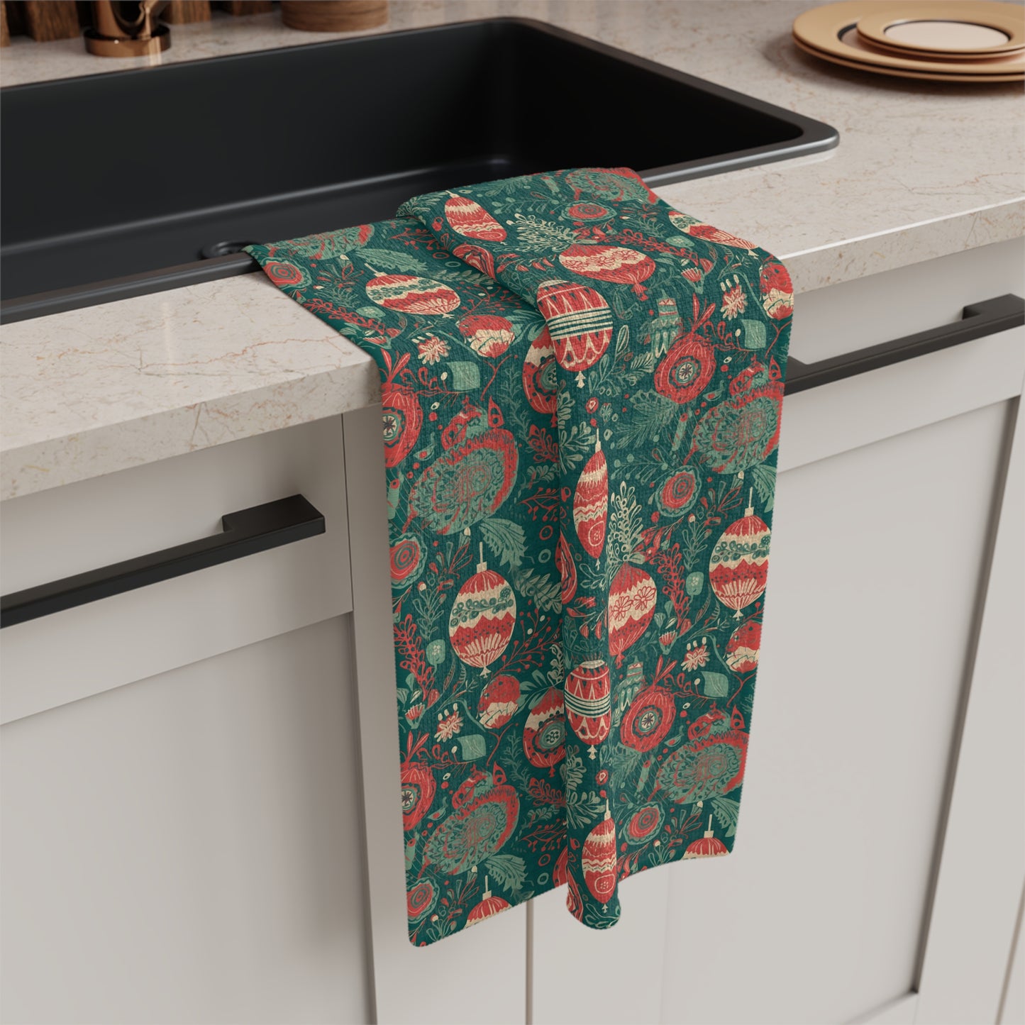 Green Christmas Ornament Print/ Holiday Soft Tea Towel
