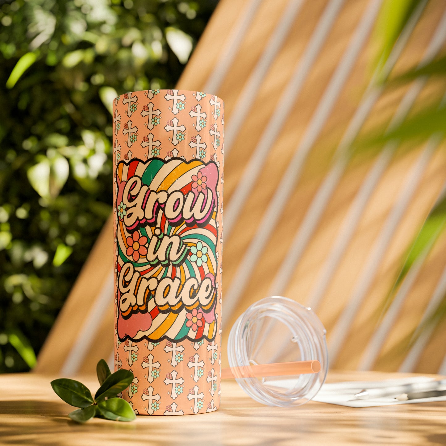 Grow in Grace with Daisy Crosses Christian Skinny Tumbler with Straw, 20oz