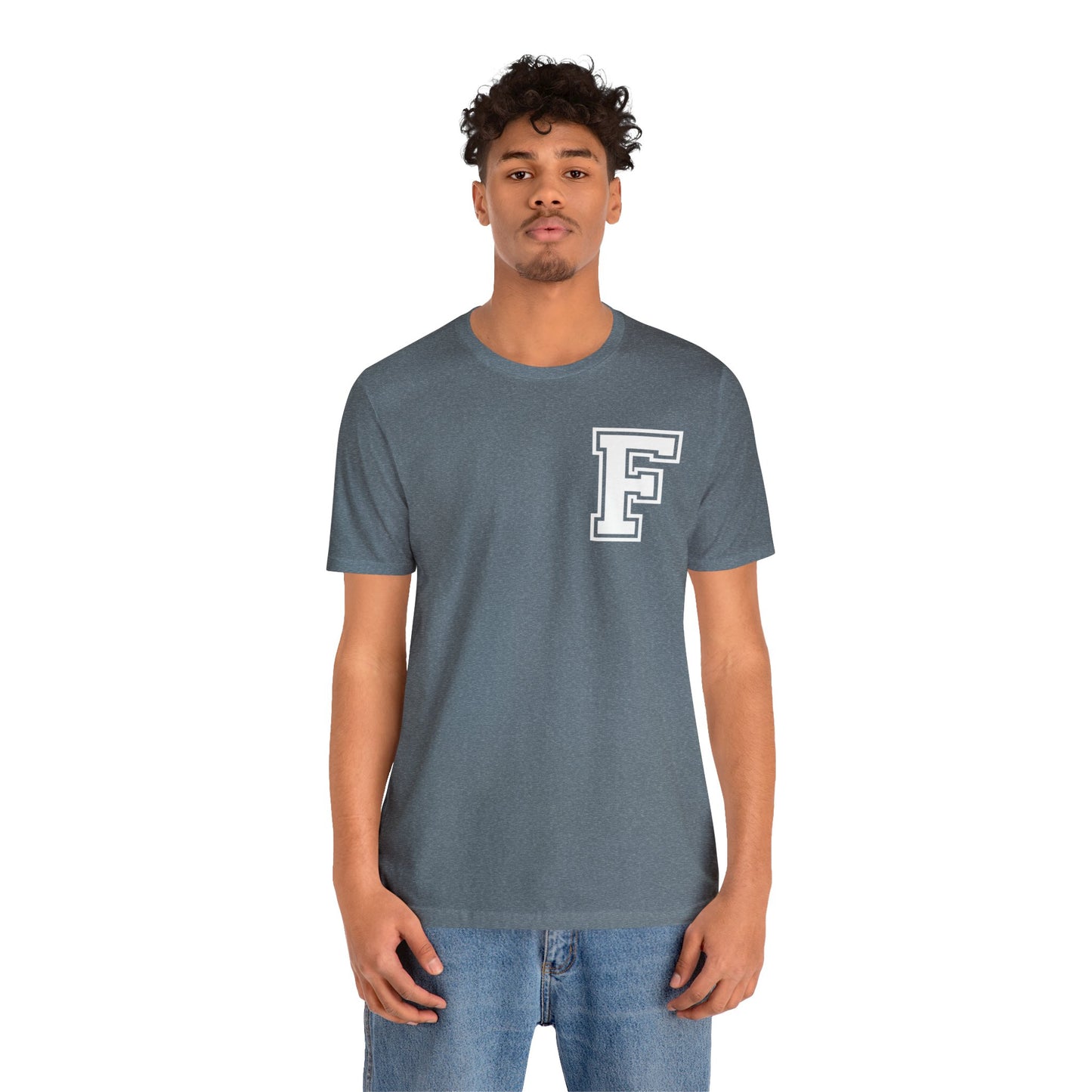 Front and Back Design - Varsity F Vertical Freeburg Midgets Logo Bella Jersey Short Sleeve Tee (Unisex)