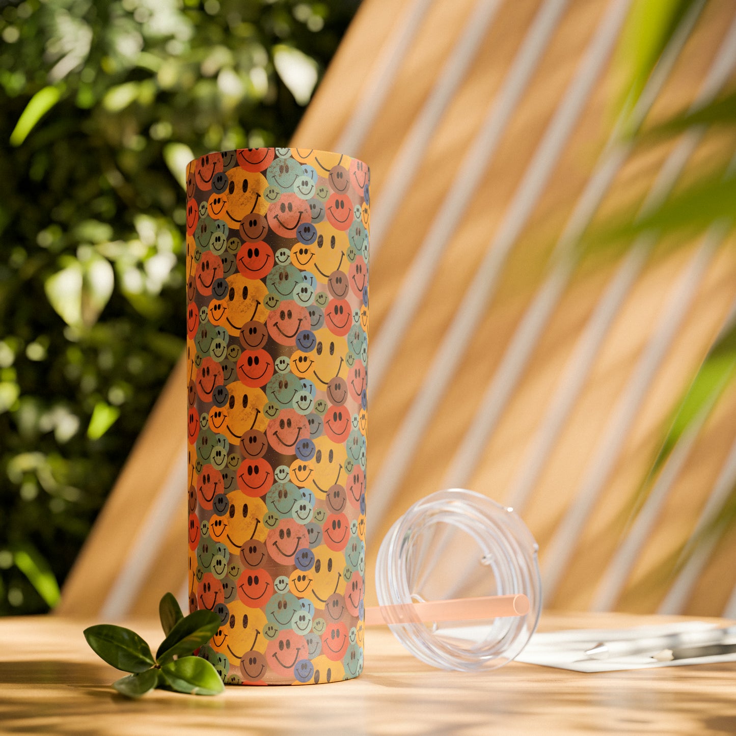 Old School Smiley Face Stickers Patterned Skinny Tumbler with Straw, 20oz