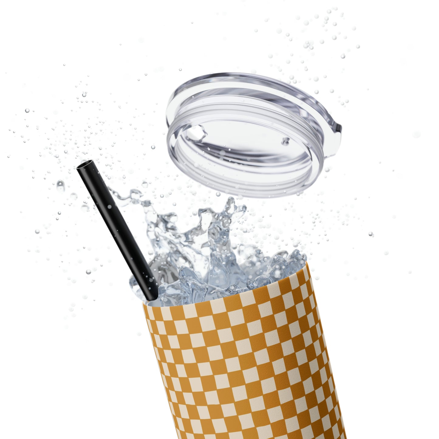Boho Golden Checkerboard Print Skinny Tumbler with Straw, 20oz