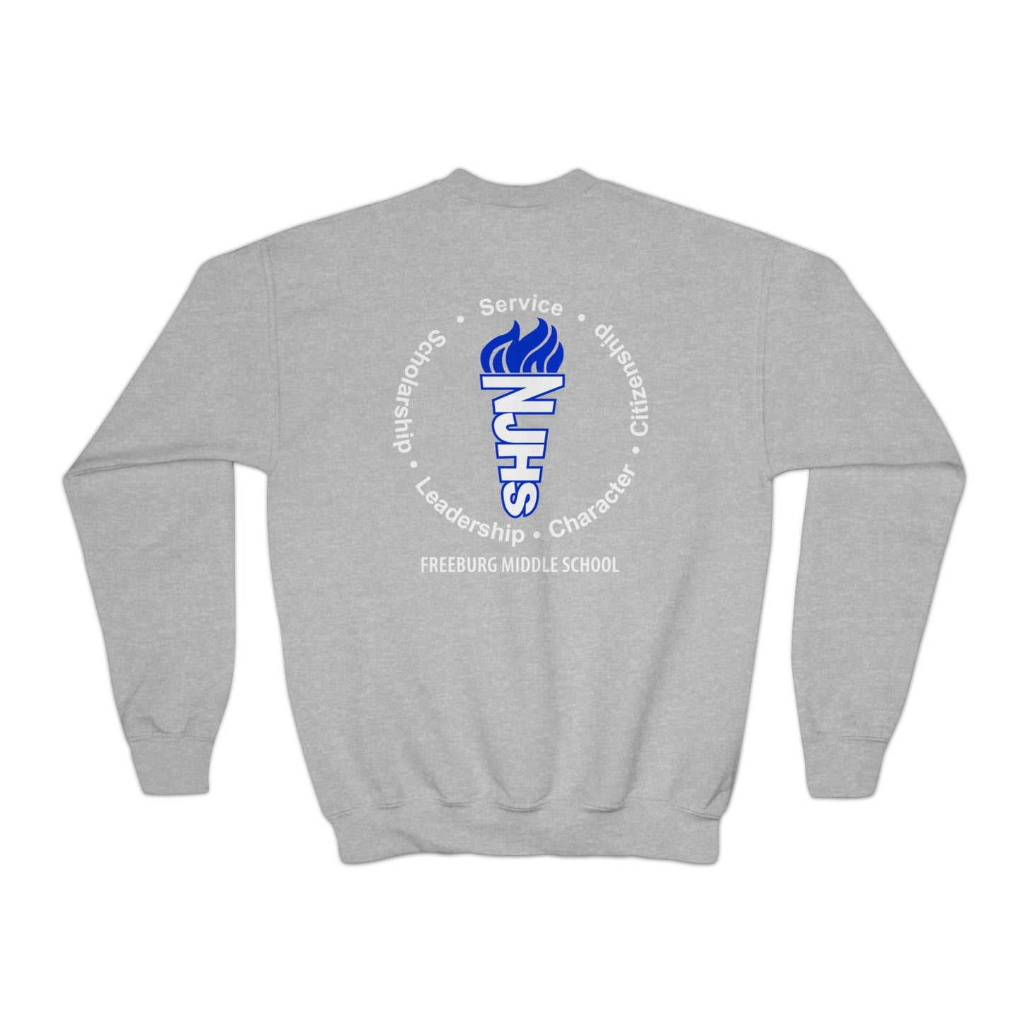 YOUTH - Front and Back Design - National Junior Honor Society Royal Torch (front) and Circular Character Torch (back) Youth Crewneck Sweatshirt