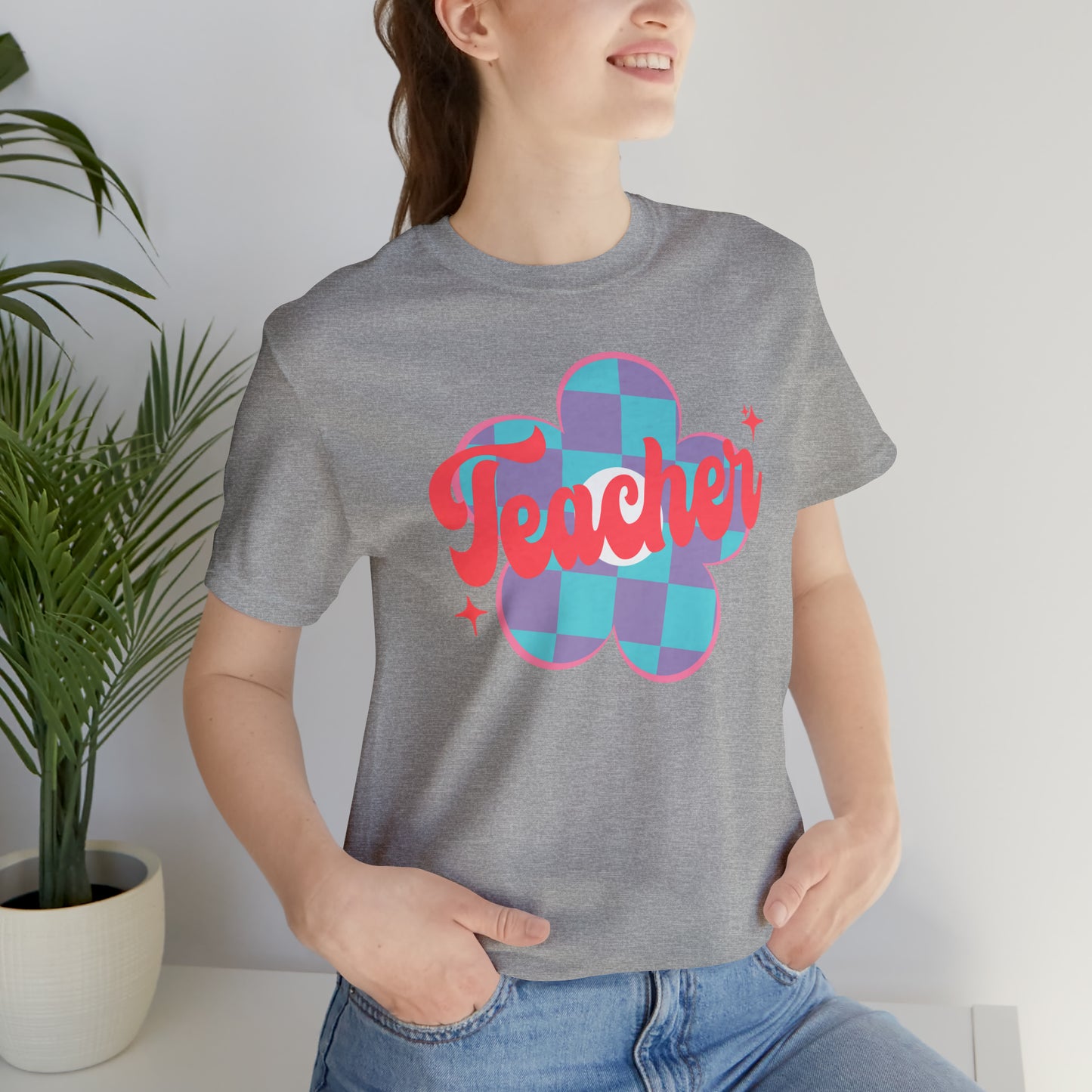 Purple and Blue Plaid Daisey Teacher T-Shirt