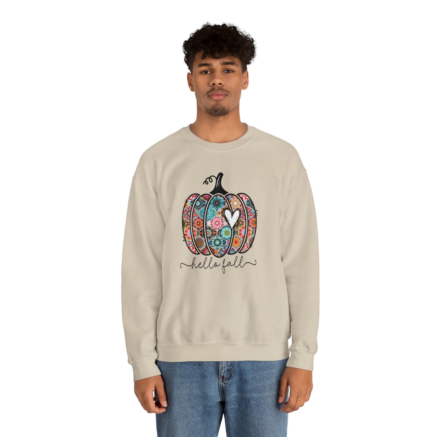 Hello Fall Print Pumpkin Fall Halloween Retro Warm Colored Unisex Heavy Blend™ Crewneck Sweatshirt