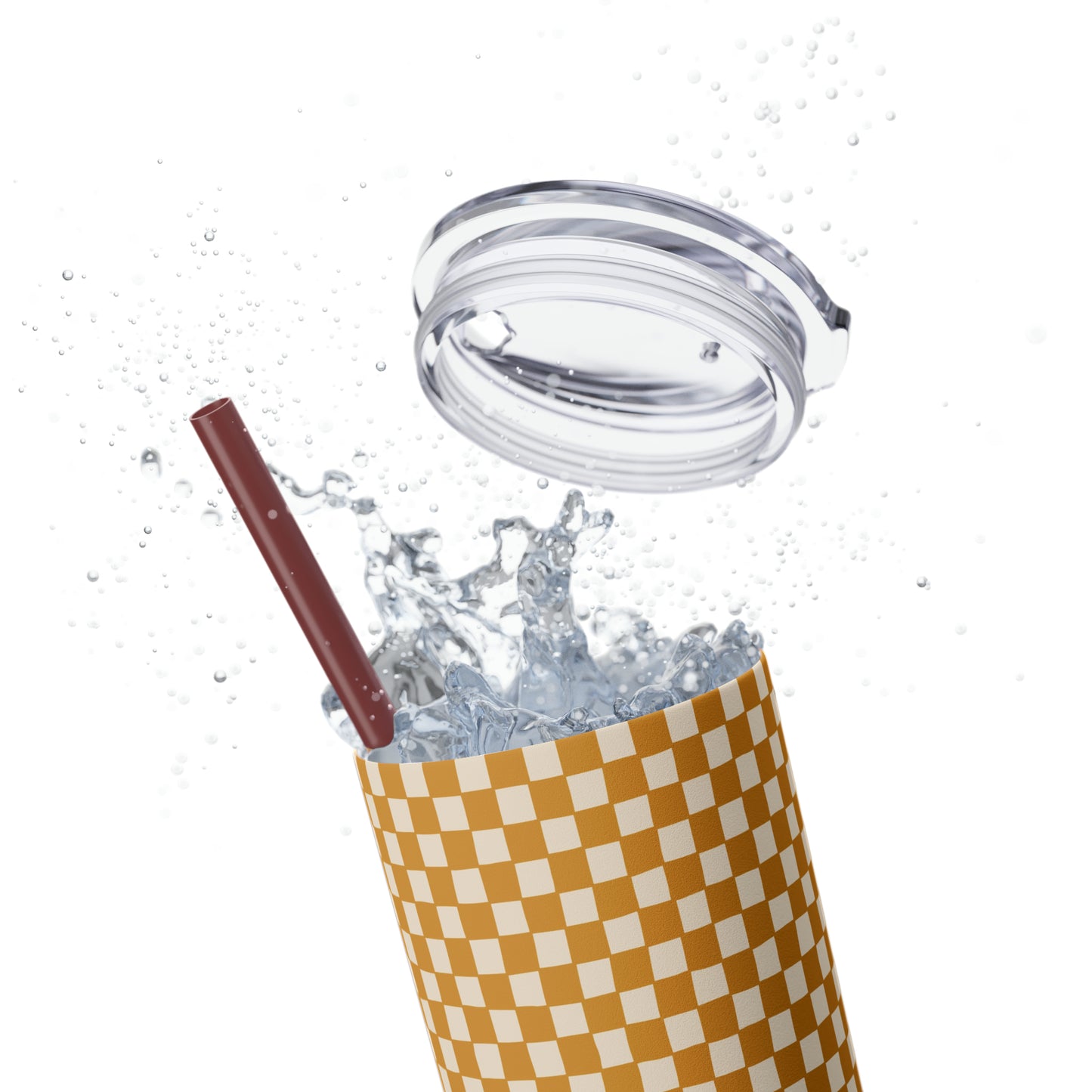 Boho Golden Checkerboard Print Skinny Tumbler with Straw, 20oz