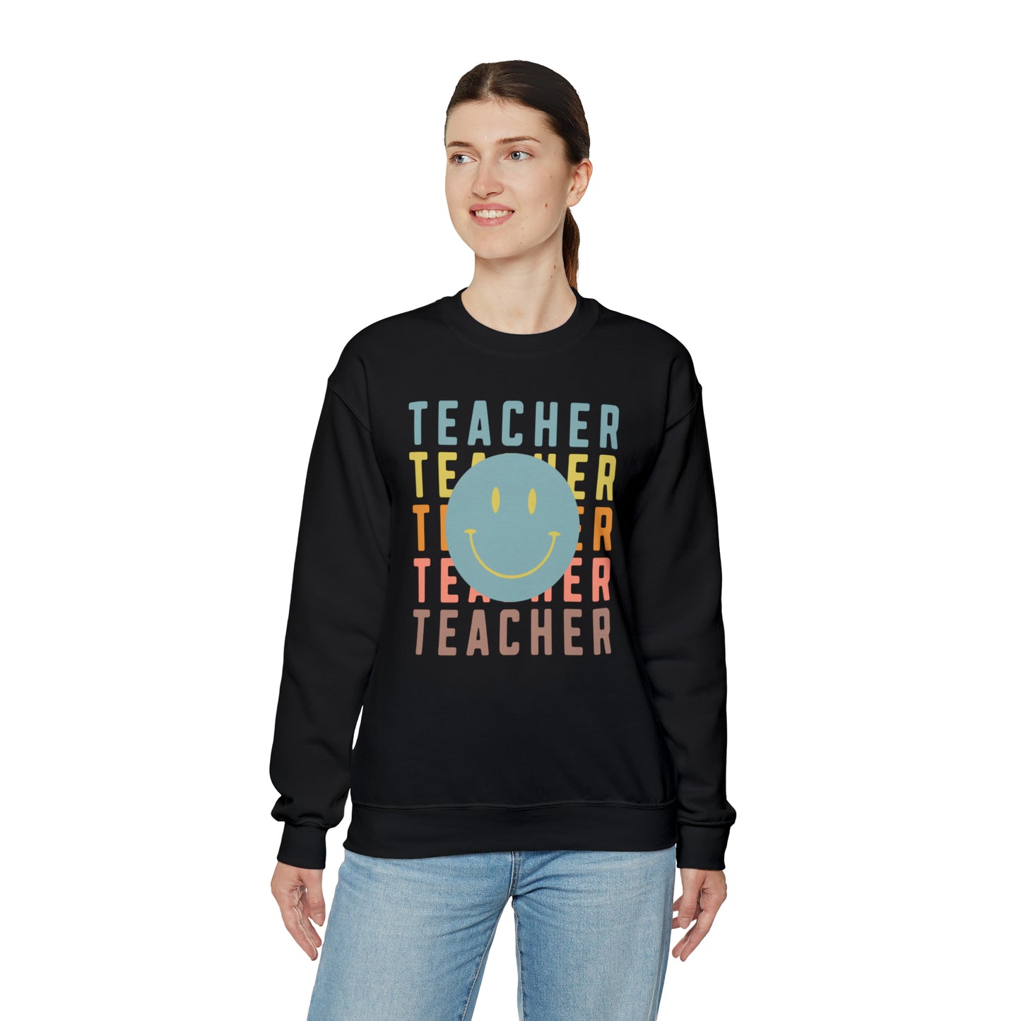 Multi Colored Teacher with Smiley Face Unisex Heavy Blend™ Crewneck Sweatshirt