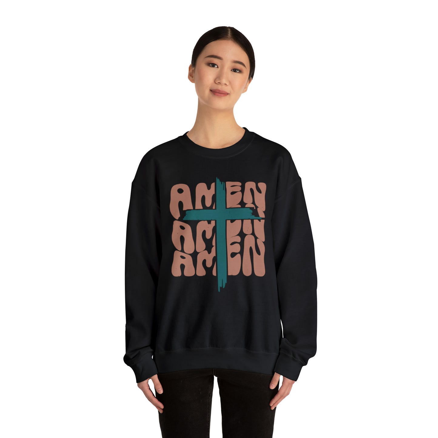 Vintage Amen Amen Amen with Cross Design Boho Color Print Heavy Blend™ Crewneck Sweatshirt