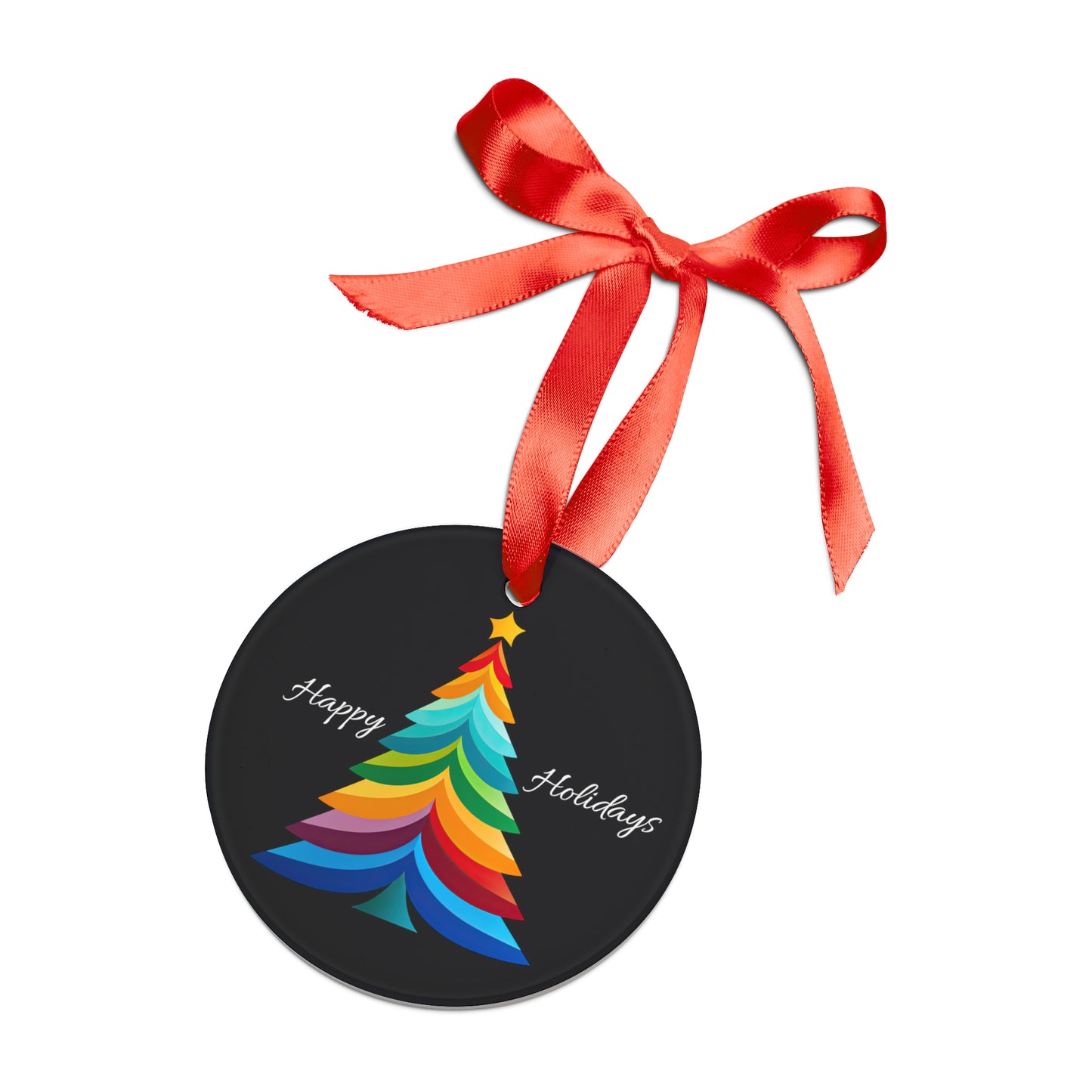 Happy Holidays Layered Rainbow Christmas Tree Acrylic Ornament with Ribbon