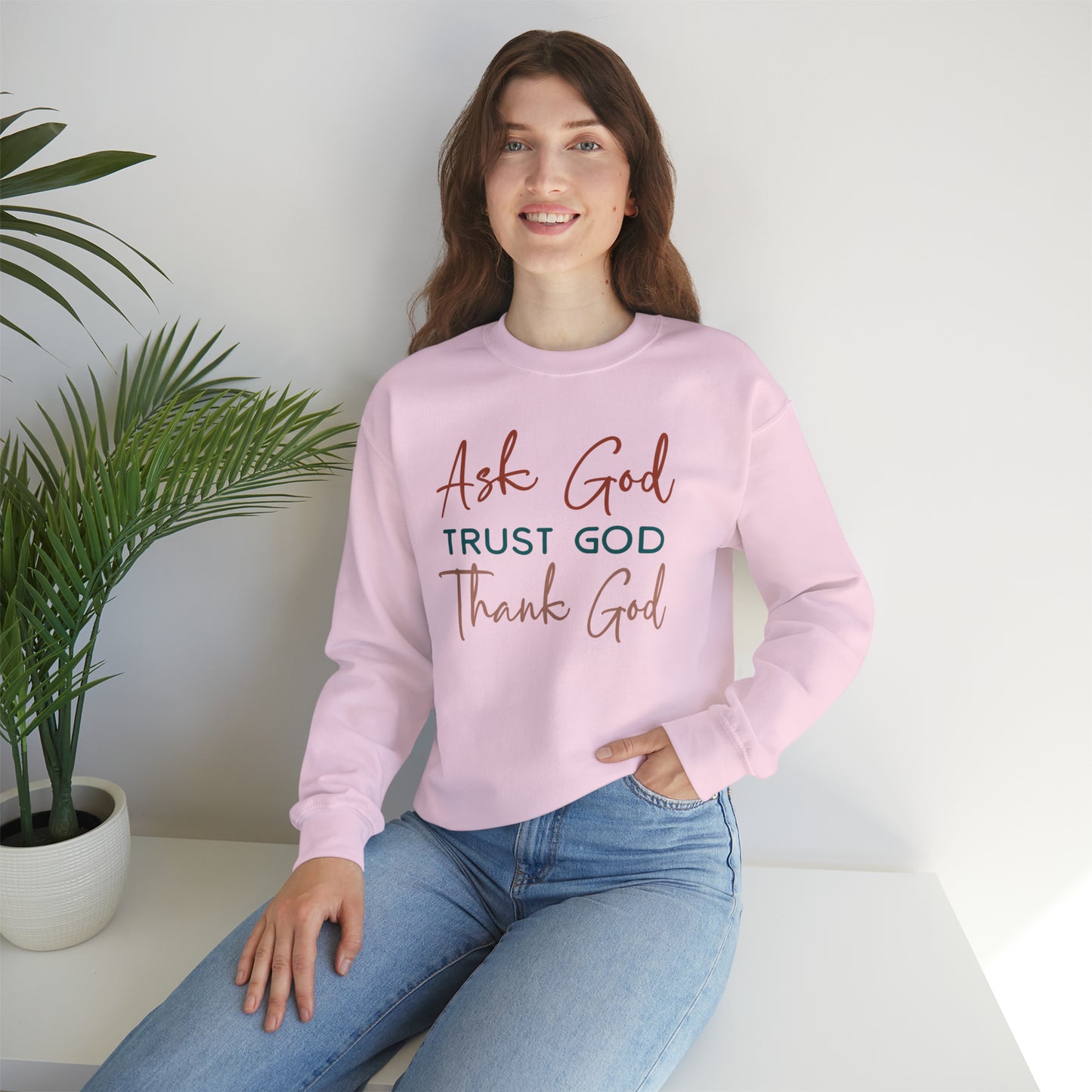 Ask God Trust God Thank God Boho Color Print Heavy Blend™ Crewneck Sweatshirt
