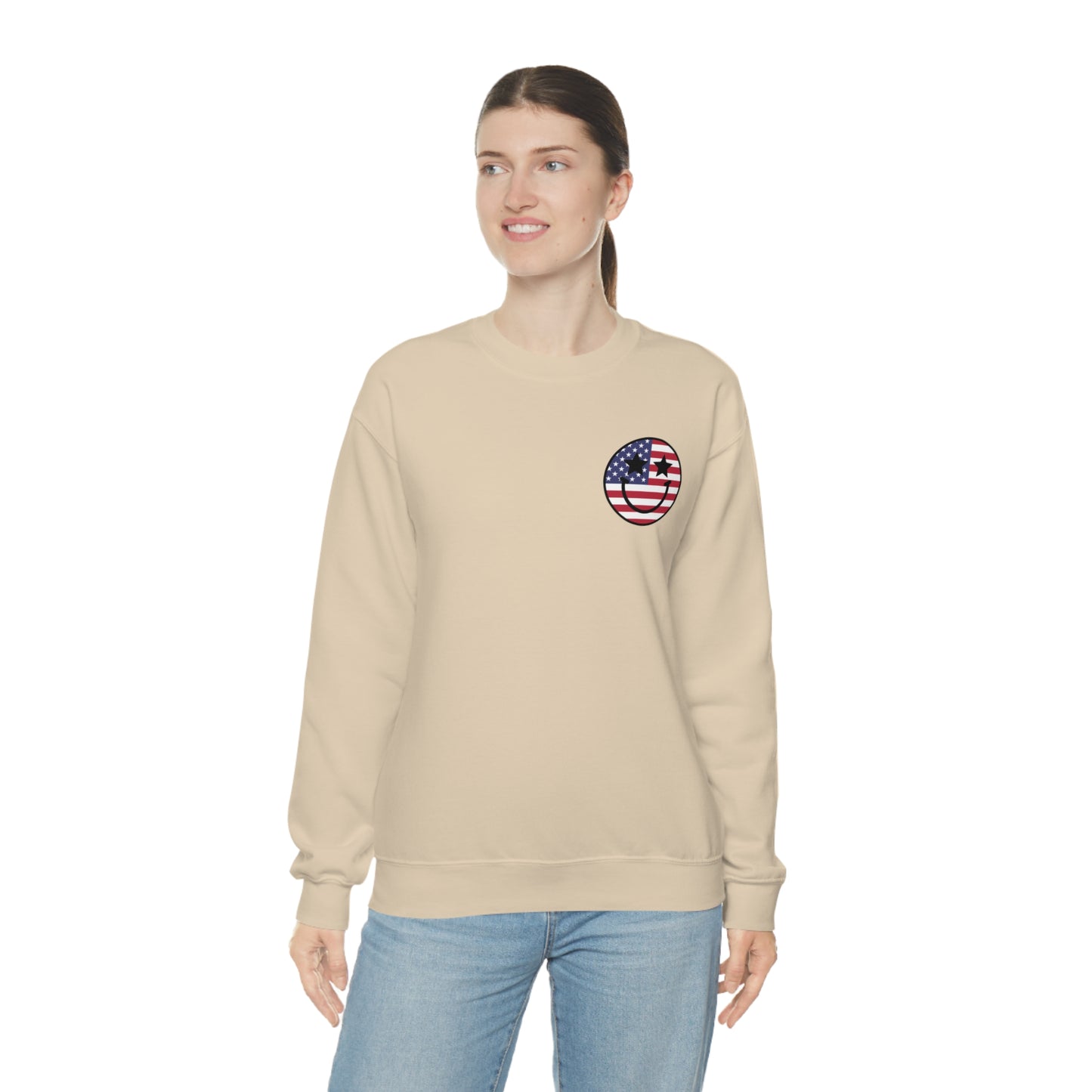 "Land of the Free Because of the Brave with Smiley Face Front" (Front & Back Design) - Unisex Heavy Blend™ Crewneck Sweatshirt