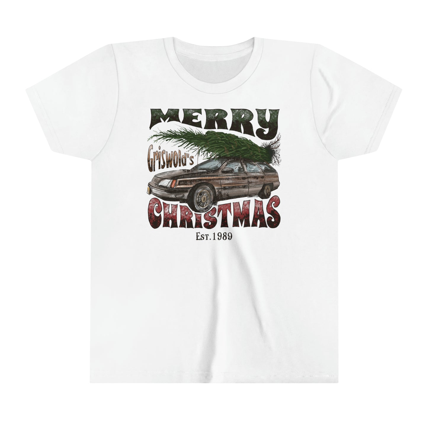 YOUTH - Distressed Griswold's Christmas Tree Station Wagon HolidayYouth Short Sleeve Tee