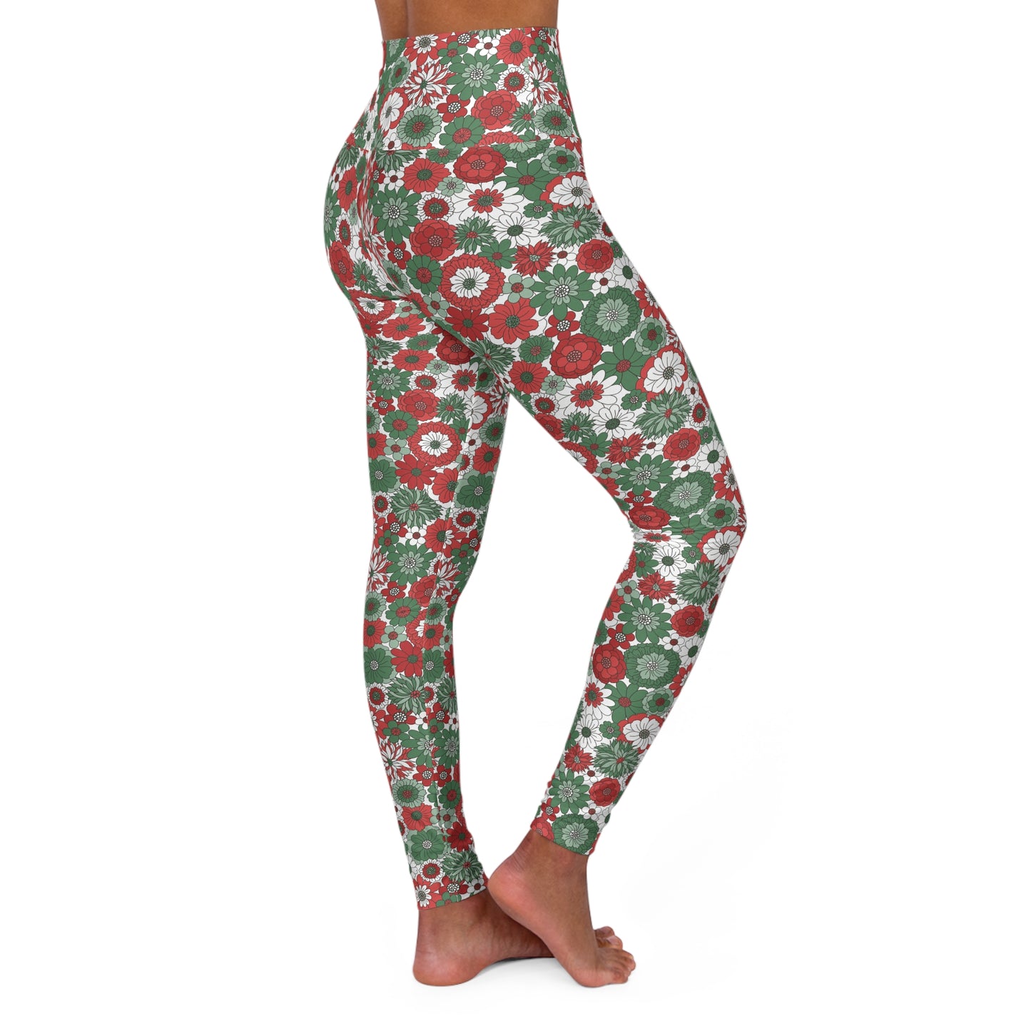 Christmas Green Red and White Floral High Waisted Yoga Leggings