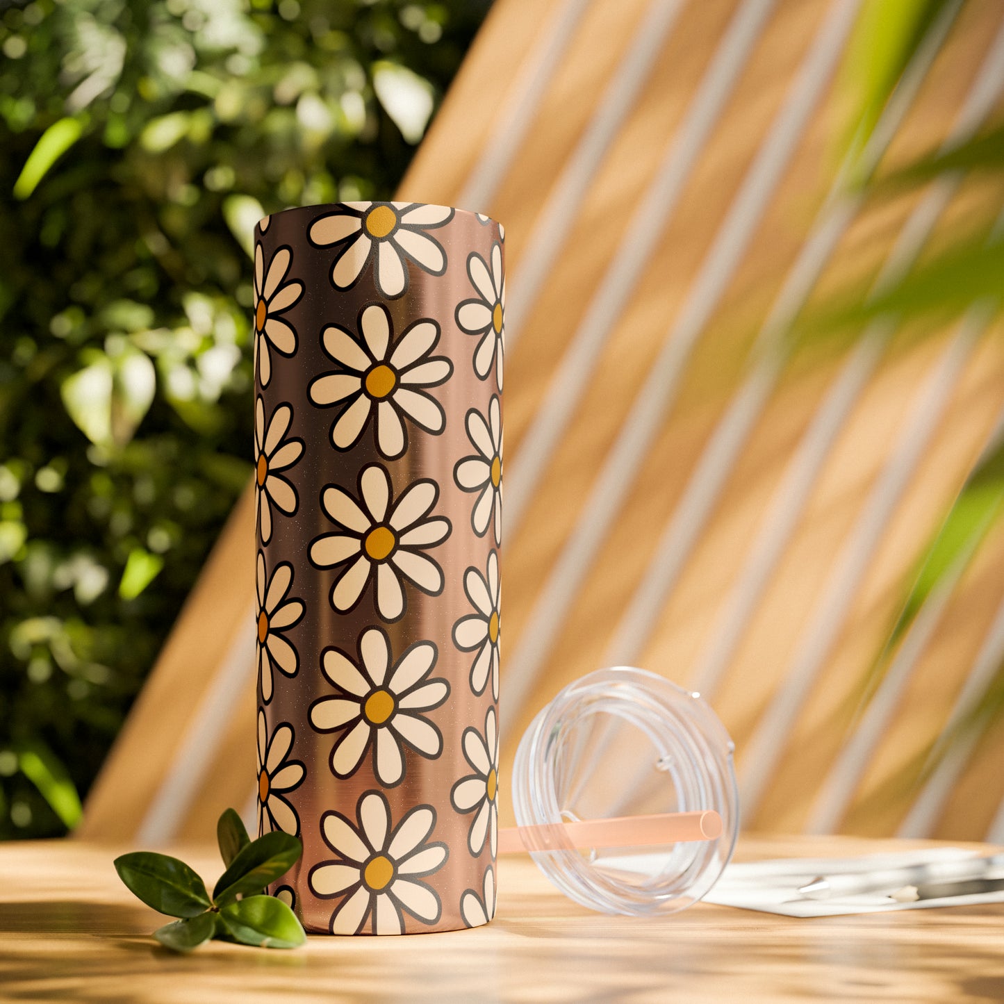 Peach Daisy Print Skinny Tumbler with Straw, 20oz