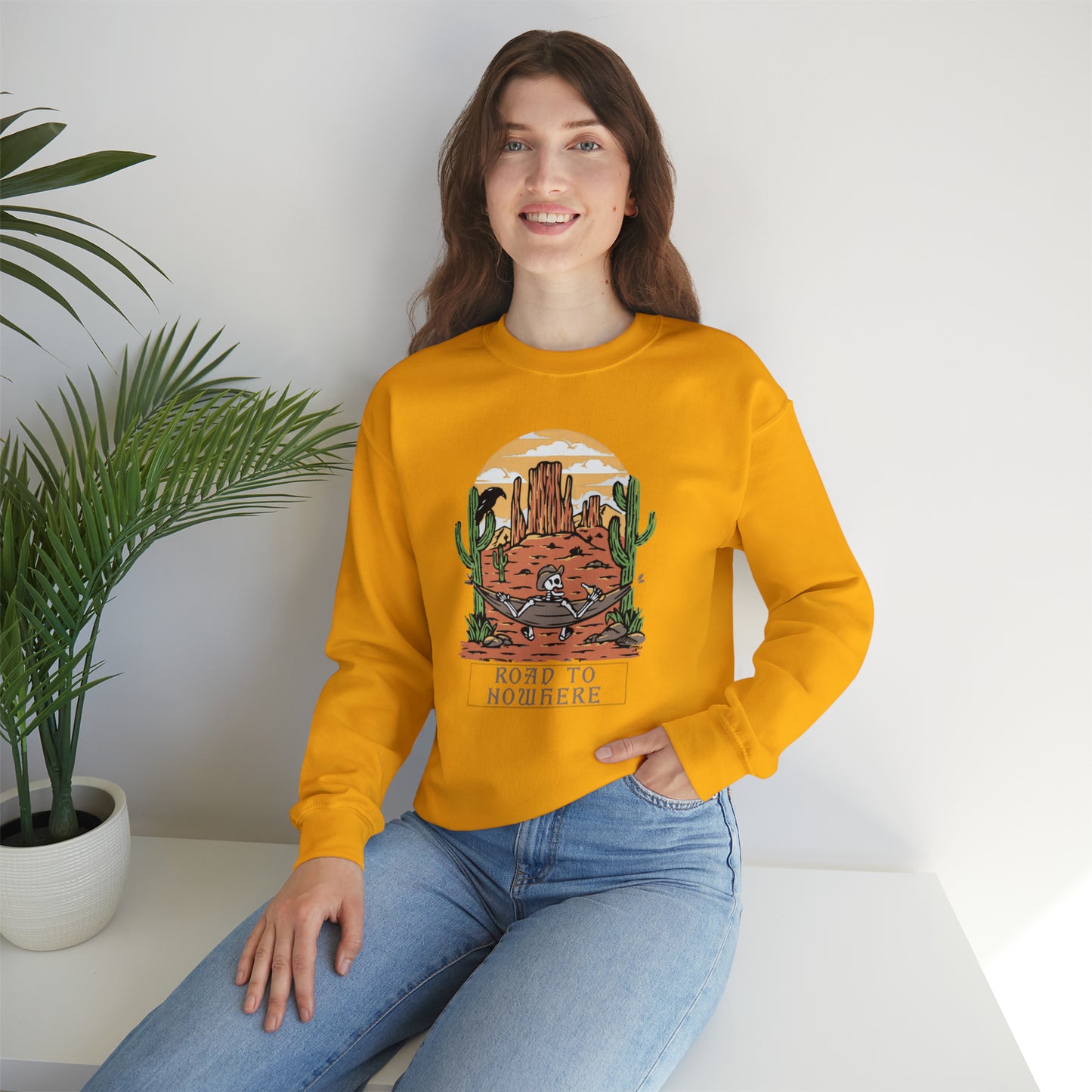 Road to Nowhere Skeleton Fall Halloween Retro Warm Colored Unisex Heavy Blend™ Crewneck Sweatshirt