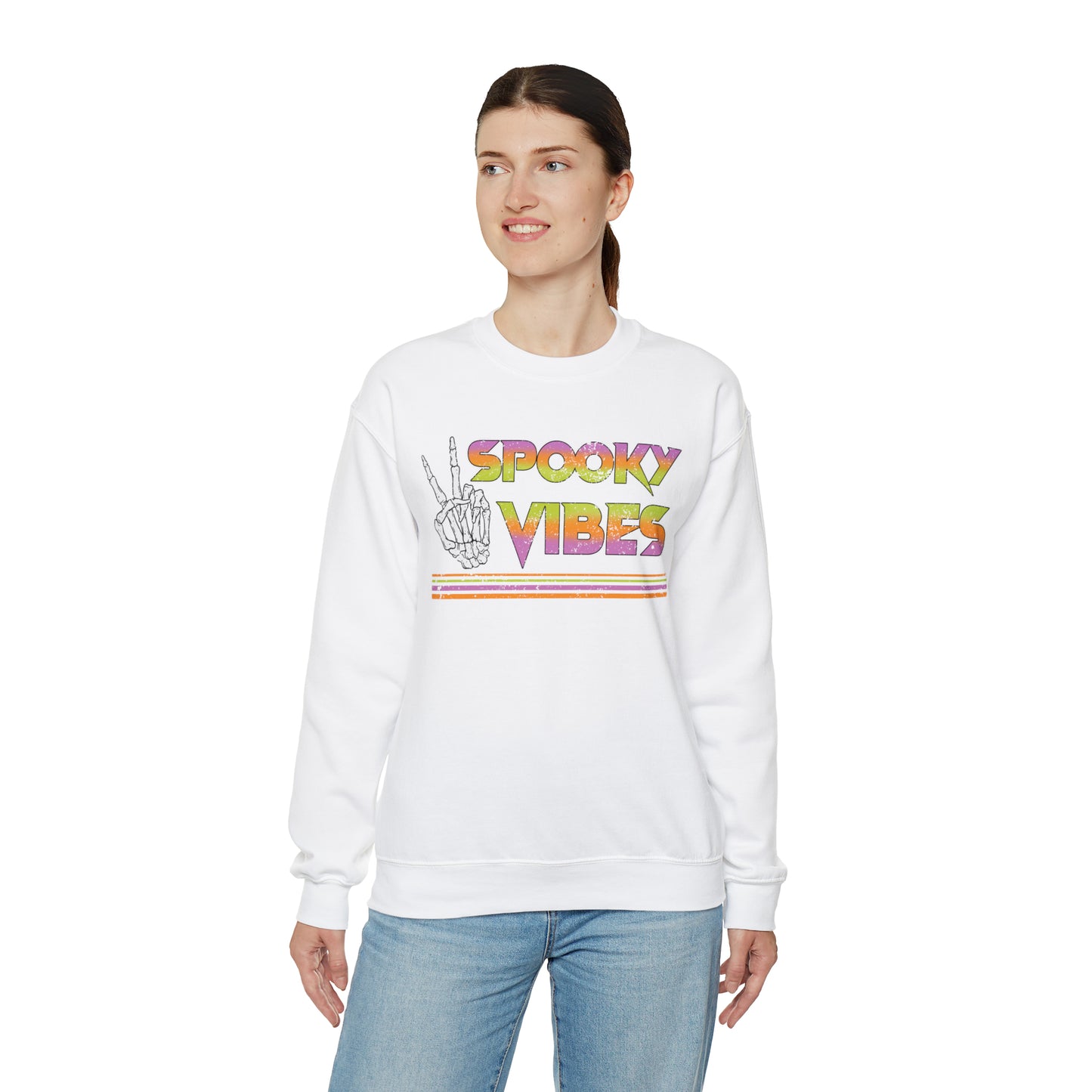 Spooky 80's Vibes Vintage Skeleton Piece Sign Fall Halloween Unisex Heavy Blend™ Crewneck Sweatshirt