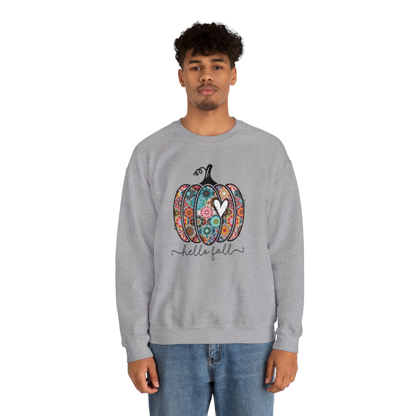 Hello Fall Print Pumpkin Fall Halloween Retro Warm Colored Unisex Heavy Blend™ Crewneck Sweatshirt