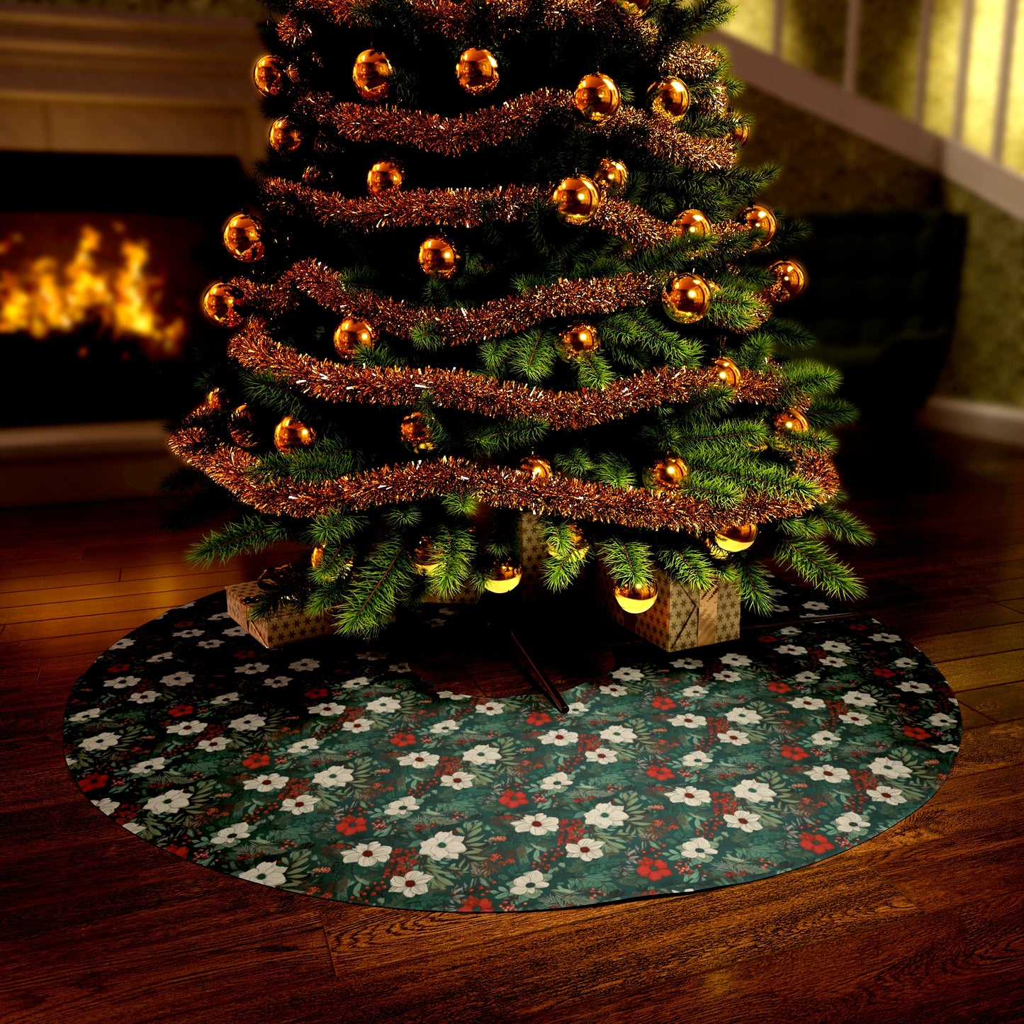 White Flower Christmas Botanical Round Tree Skirt
