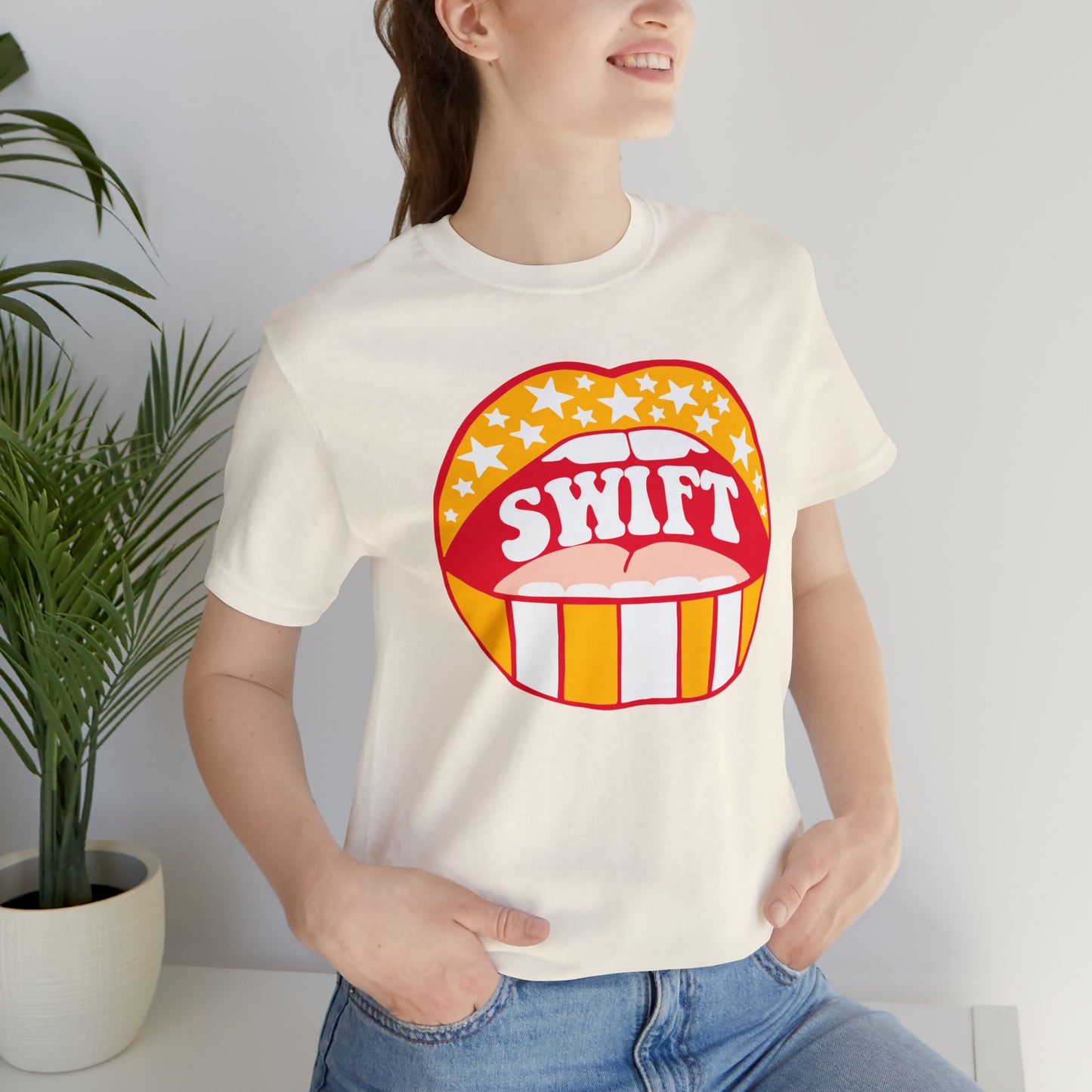 Swift Red, Yellow and White Lips Bella Jersey Short Sleeve Tee (Unisex)