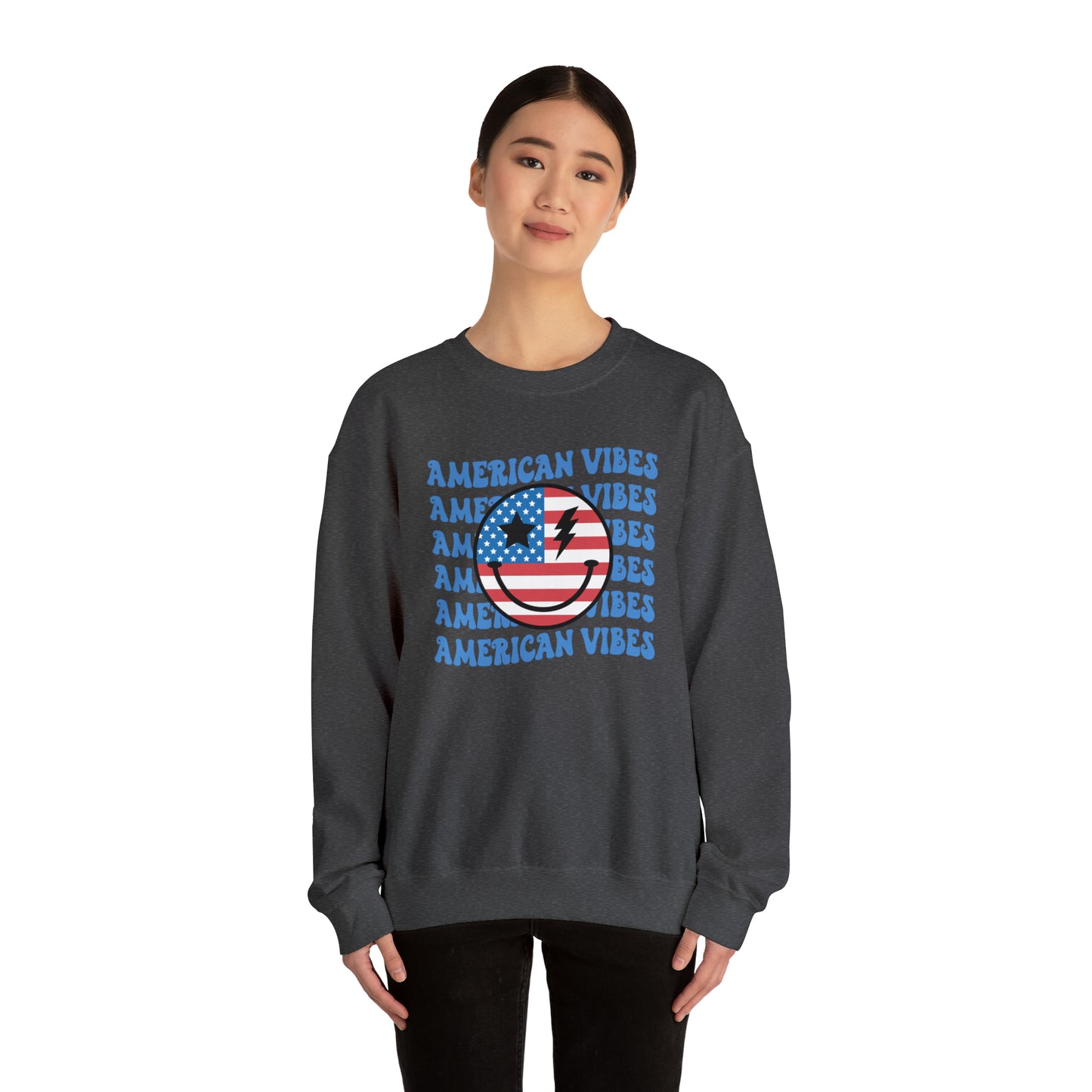 USA American Vibes Flag Smiley Face Heavy Blend™ Crewneck Sweatshirt