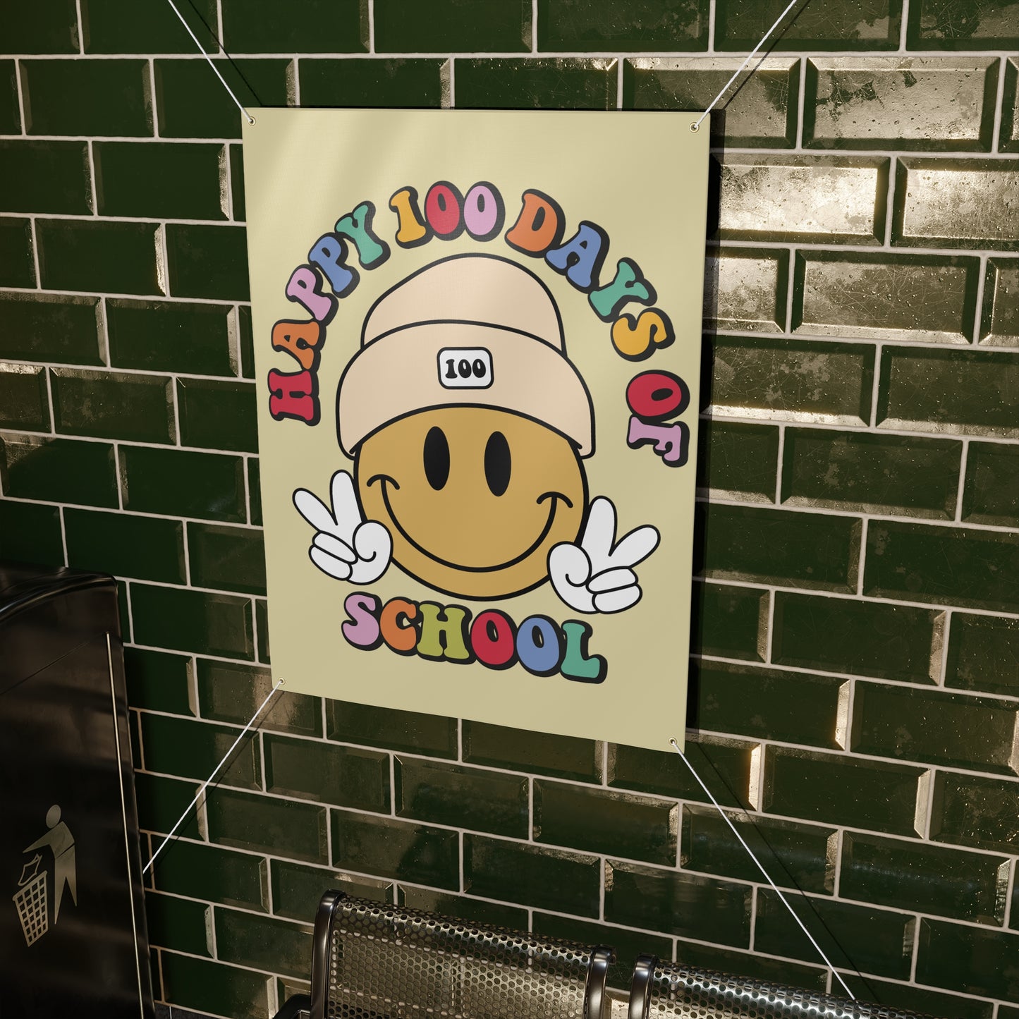 Happy 100 Days of School School Smiley Face with Beanie Hat Colorful Matte Banner