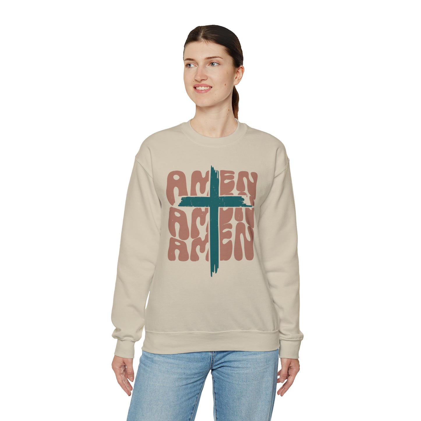 Vintage Amen Amen Amen with Cross Design Boho Color Print Heavy Blend™ Crewneck Sweatshirt