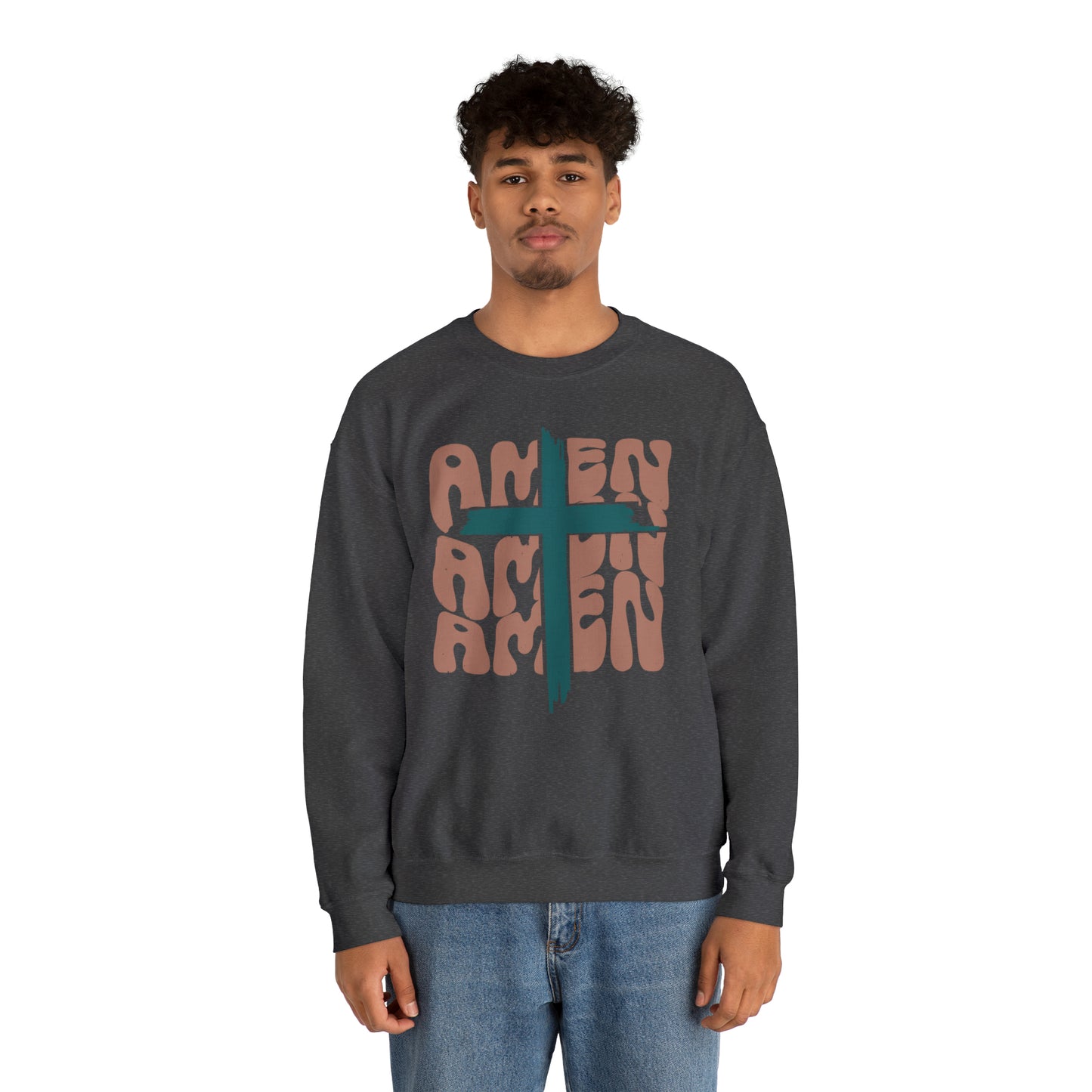Vintage Amen Amen Amen with Cross Design Boho Color Print Heavy Blend™ Crewneck Sweatshirt