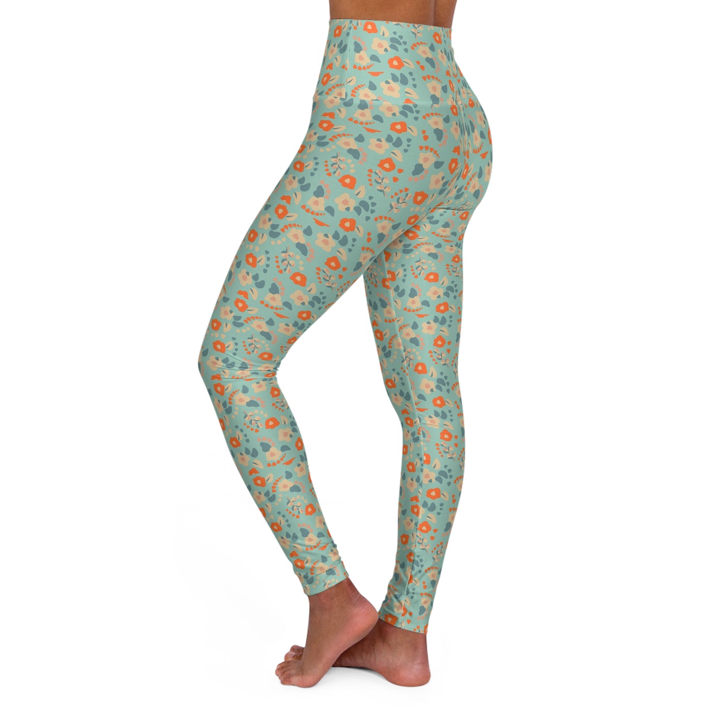 Boho Blue and Orange Dainty Floral High Waisted Yoga Leggings