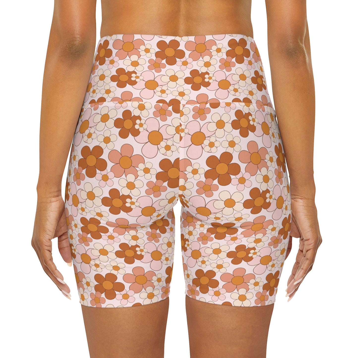 Retro Daisy Rust and Pink Floral Yoga Shorts