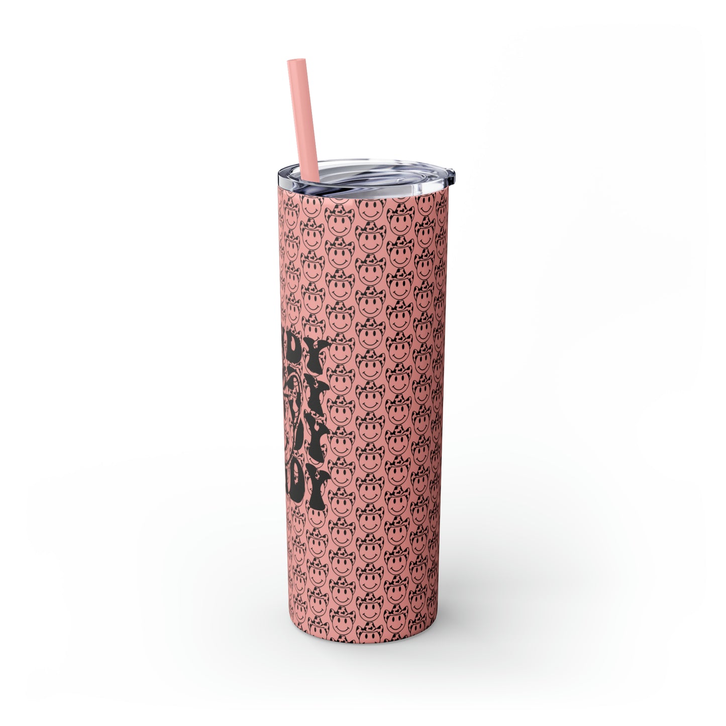 Howdy Howdy Howdy Smiley Face with Cowboy Hat Skinny Tumbler with Straw, 20oz