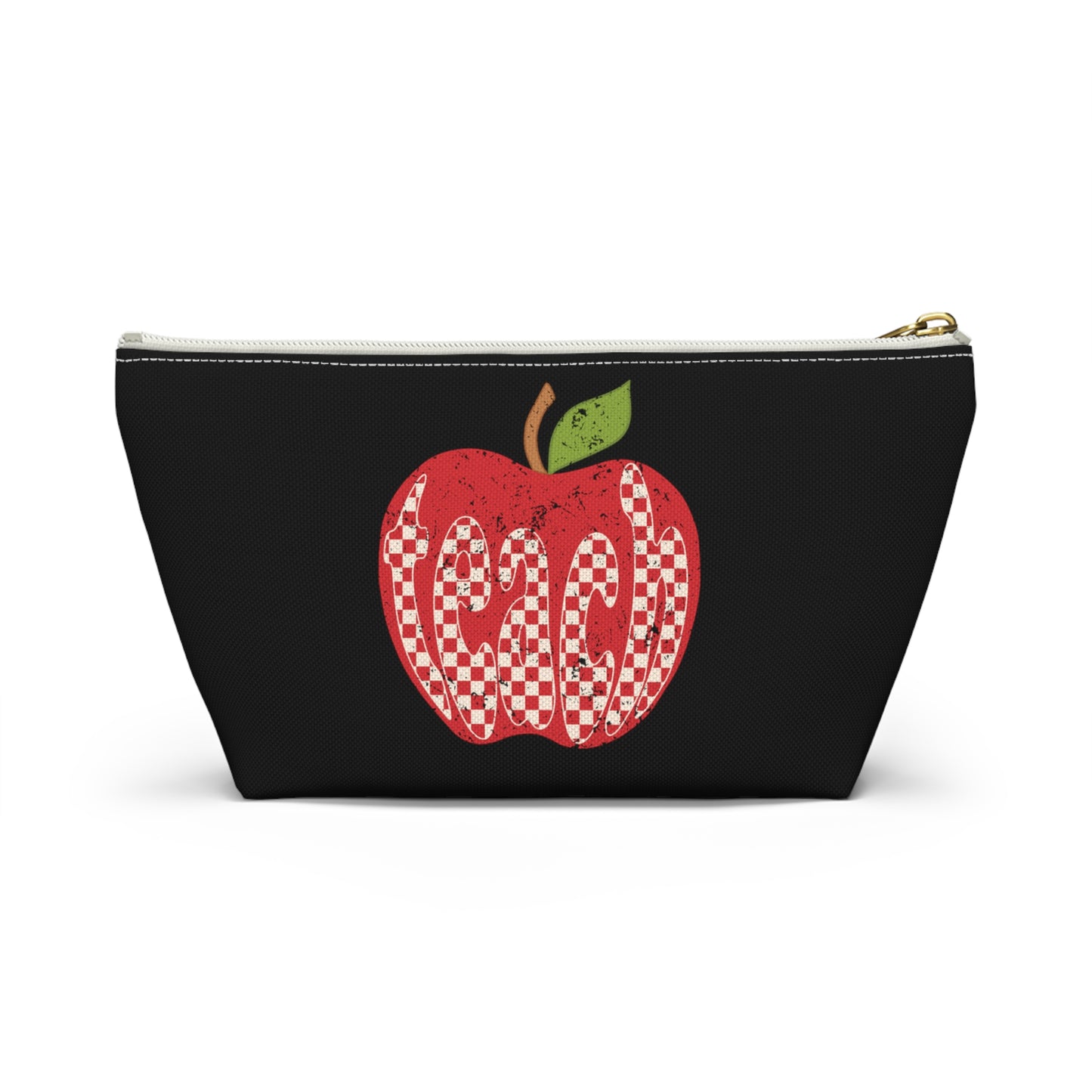 Distressed Teacher Checkered Apple Print Design Accessory Pouch w T-bottom - Black