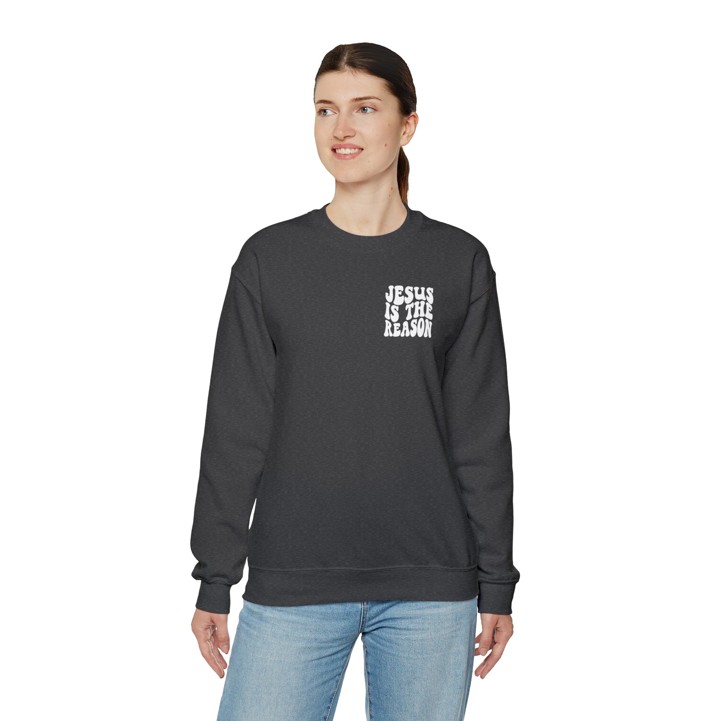 Jesus is the Reason Front & Back Design White Logo Unisex Heavy Blend™ Crewneck Sweatshirt