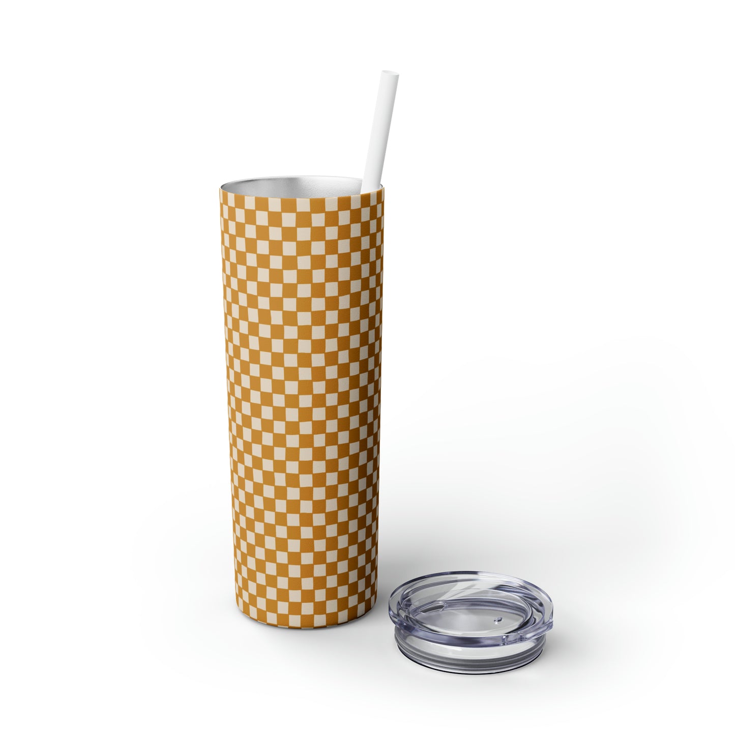 Boho Golden Checkerboard Print Skinny Tumbler with Straw, 20oz